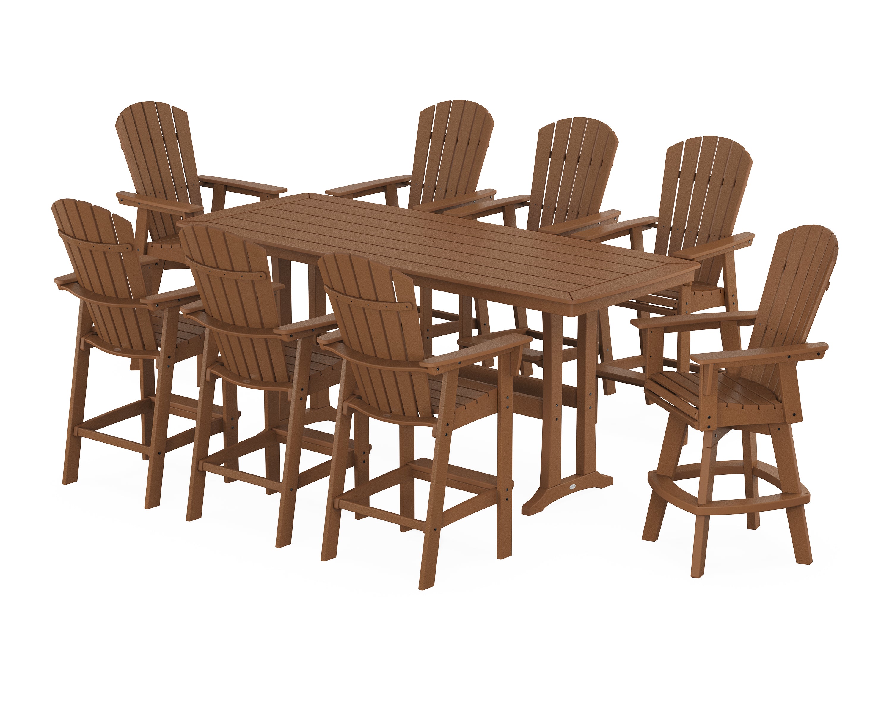 POLYWOOD® Nautical Curveback Adirondack Swivel 9-Piece Bar Set with Trestle Legs in Teak