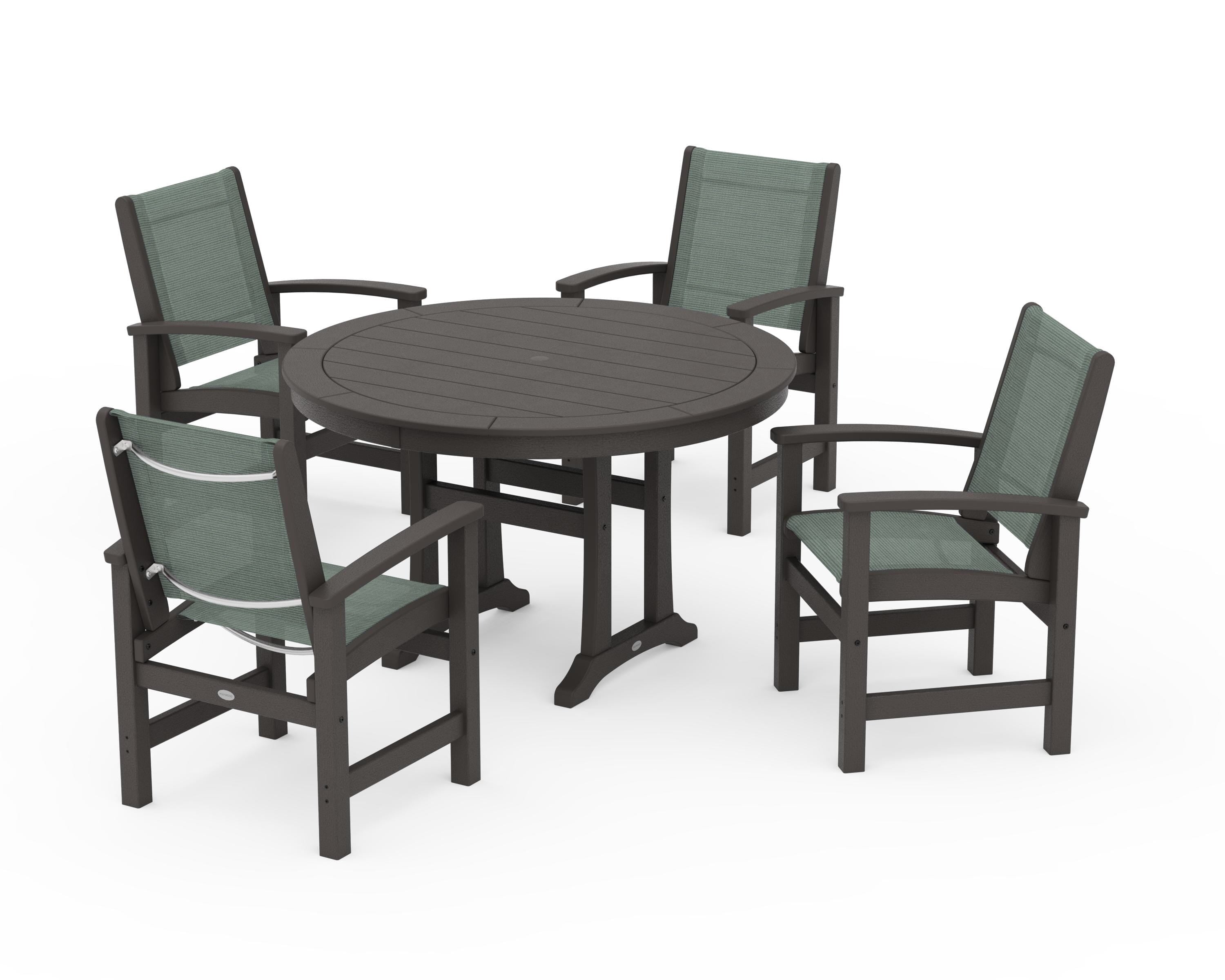 POLYWOOD Coastal 5-Piece Round Dining Set with Trestle Legs in Vintage Coffee / Dupioni Sea Mist Sling