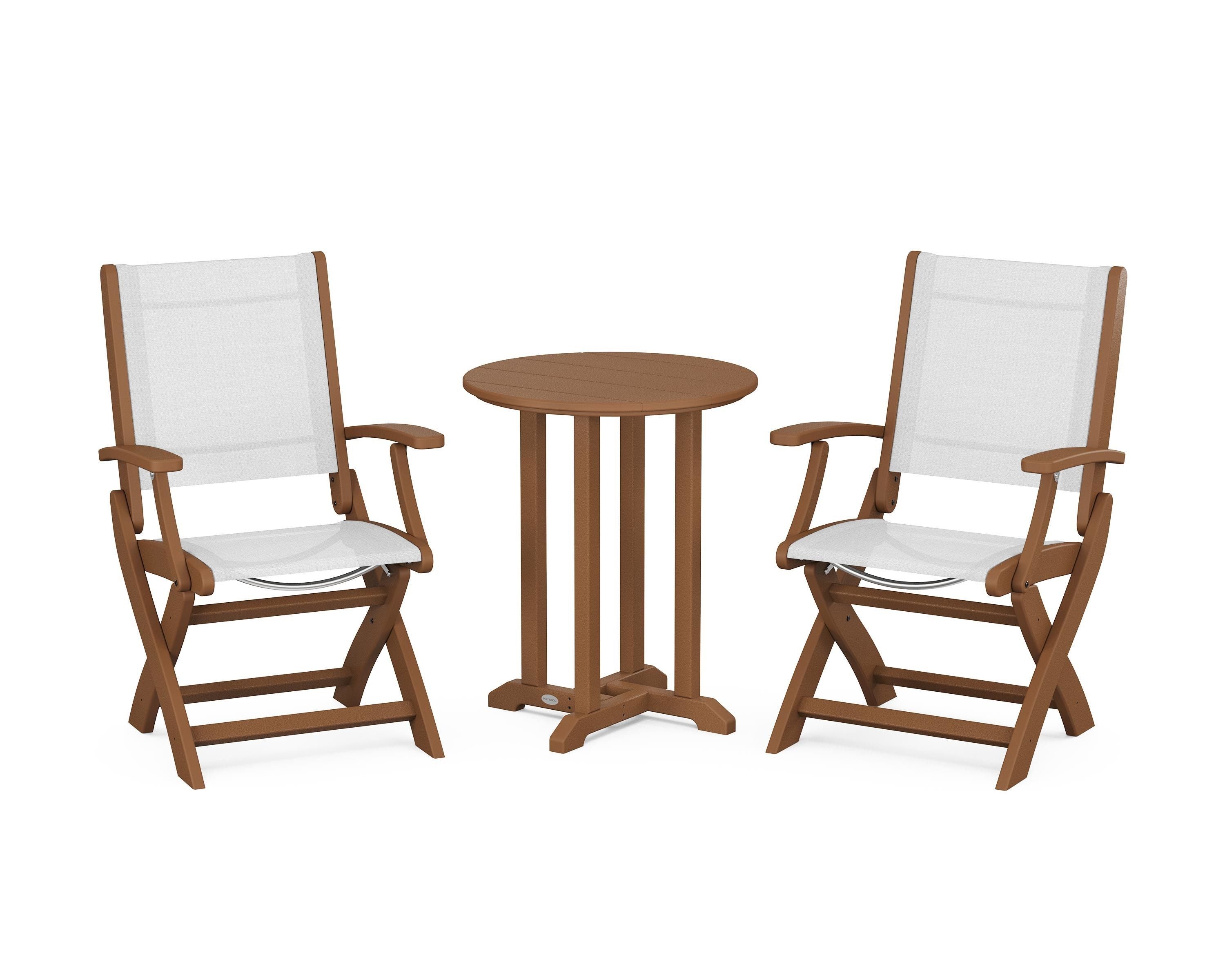 POLYWOOD Coastal Folding 3-Piece Round Bistro Dining Set in Teak / White Sling