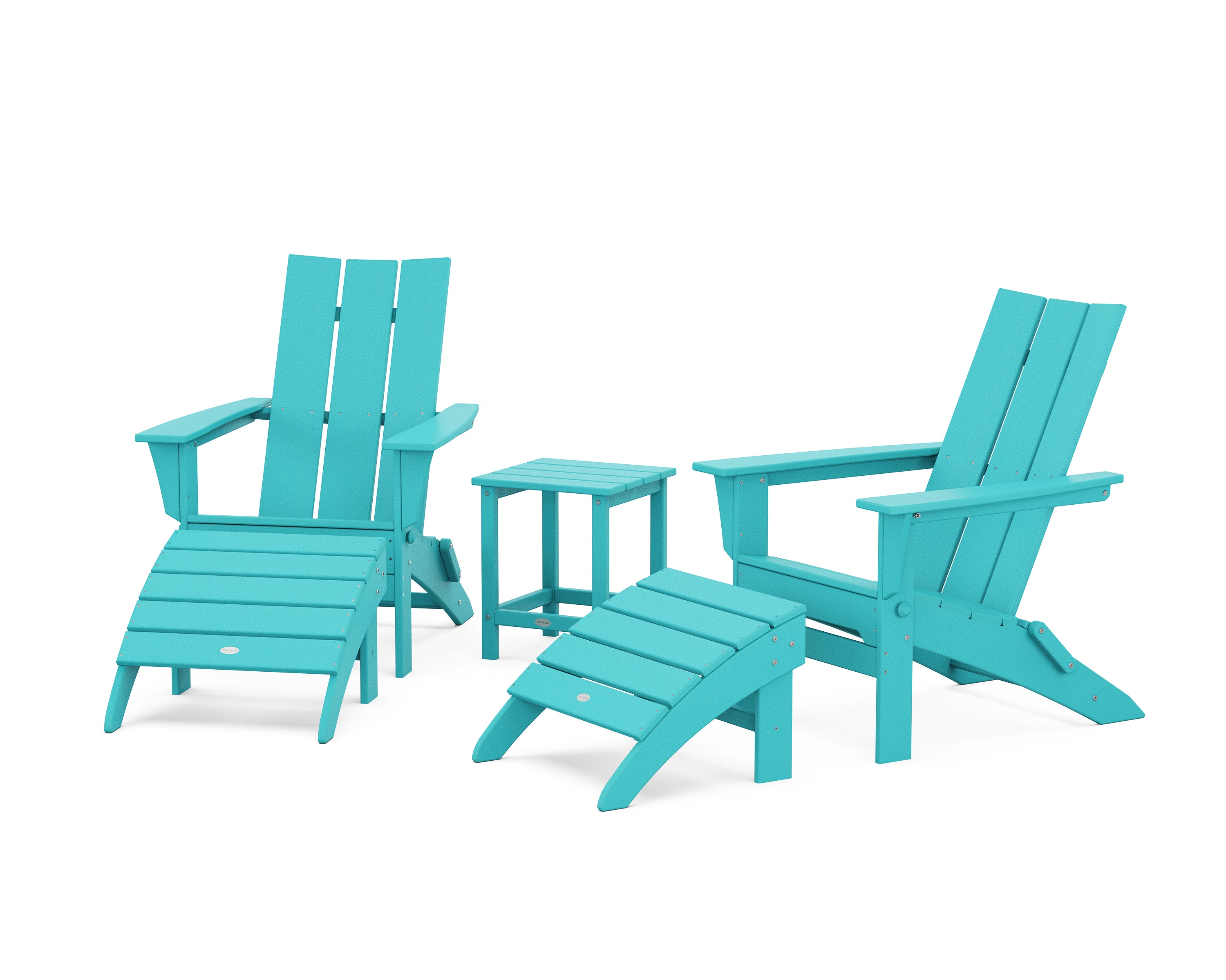 POLYWOOD Modern Folding Adirondack Chair 5-Piece Set with Ottomans and 18" Side Table in Aruba
