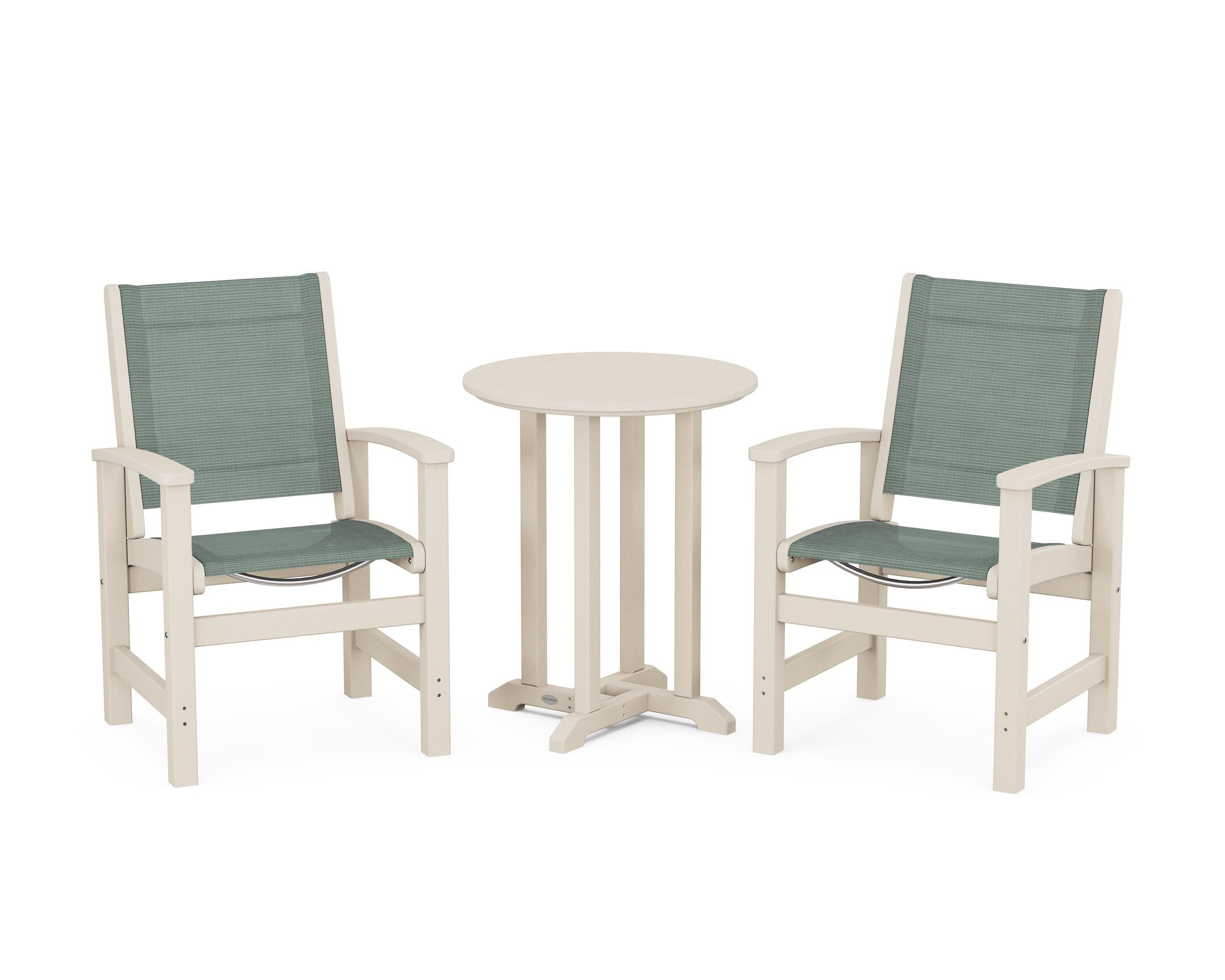 POLYWOOD Coastal 3-Piece Round Bistro Dining Set in Sand / Dupioni Sea Mist Sling