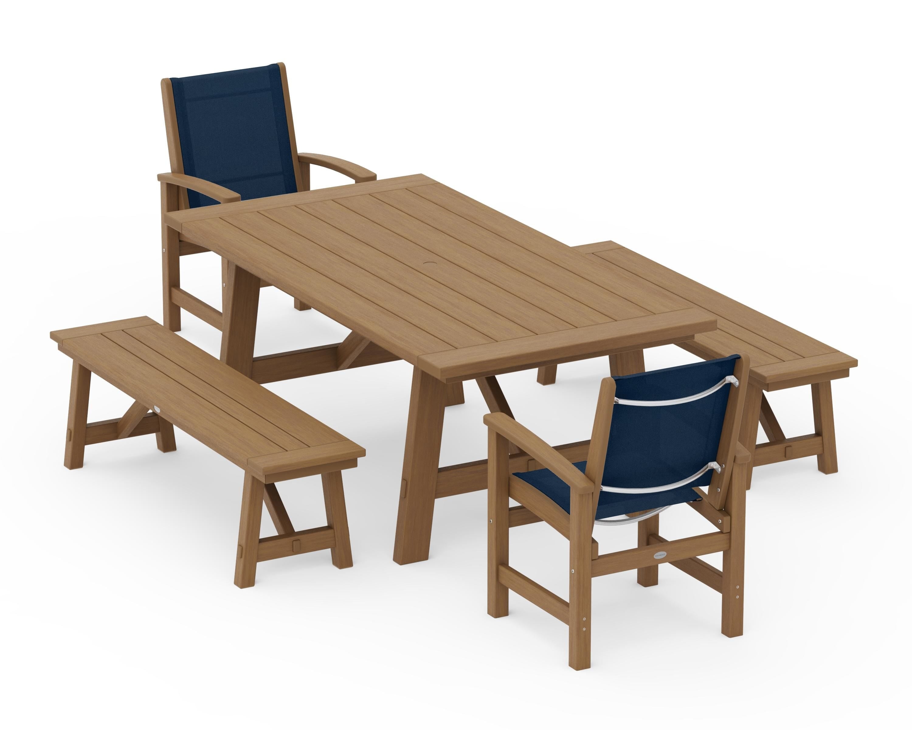 POLYWOOD Coastal 5-Piece Rustic Farmhouse Dining Set With Benches in Natural / Navy Blue Sling