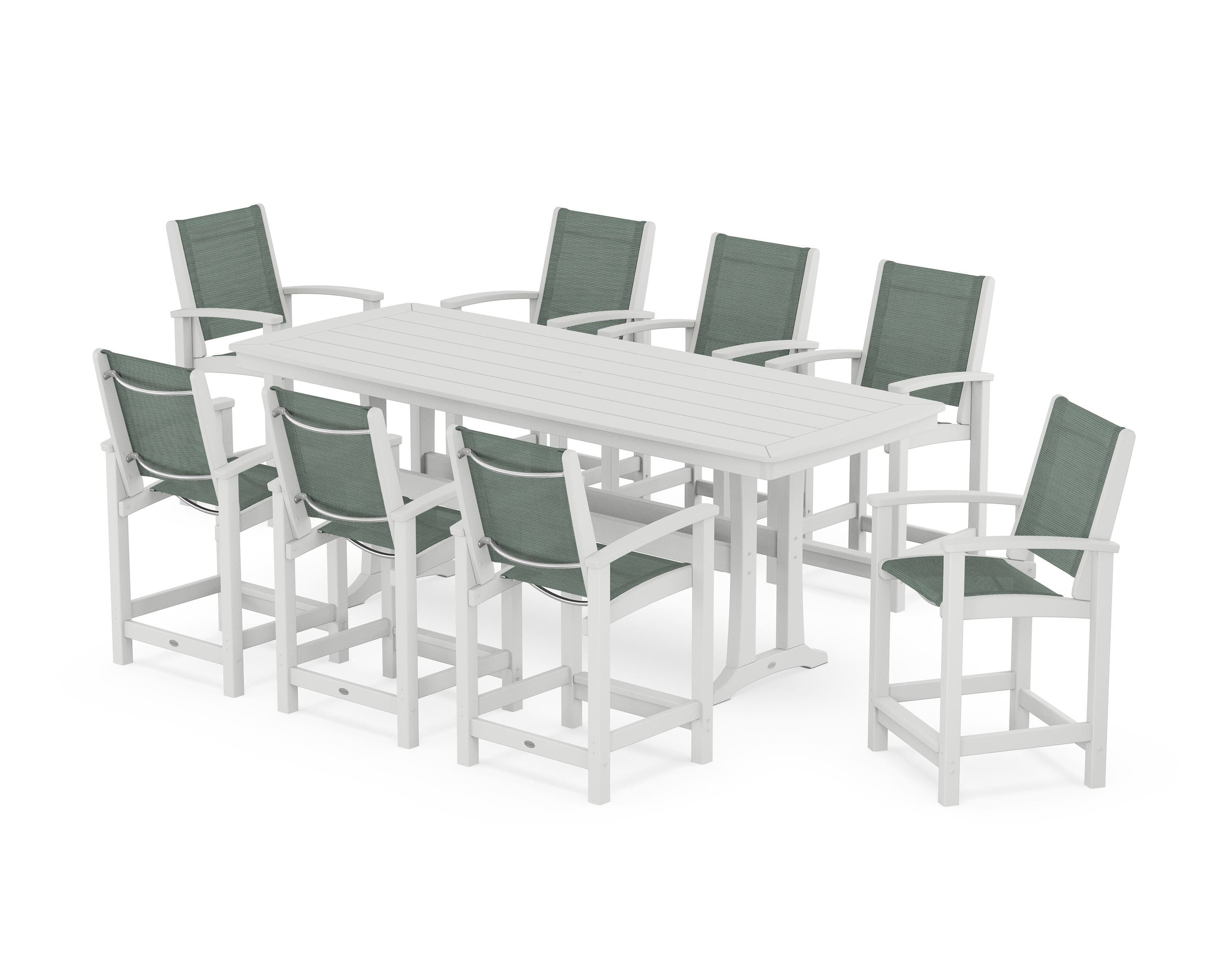 POLYWOOD Coastal 9-Piece Counter Set with Trestle Legs in White / Dupioni Sea Mist Sling