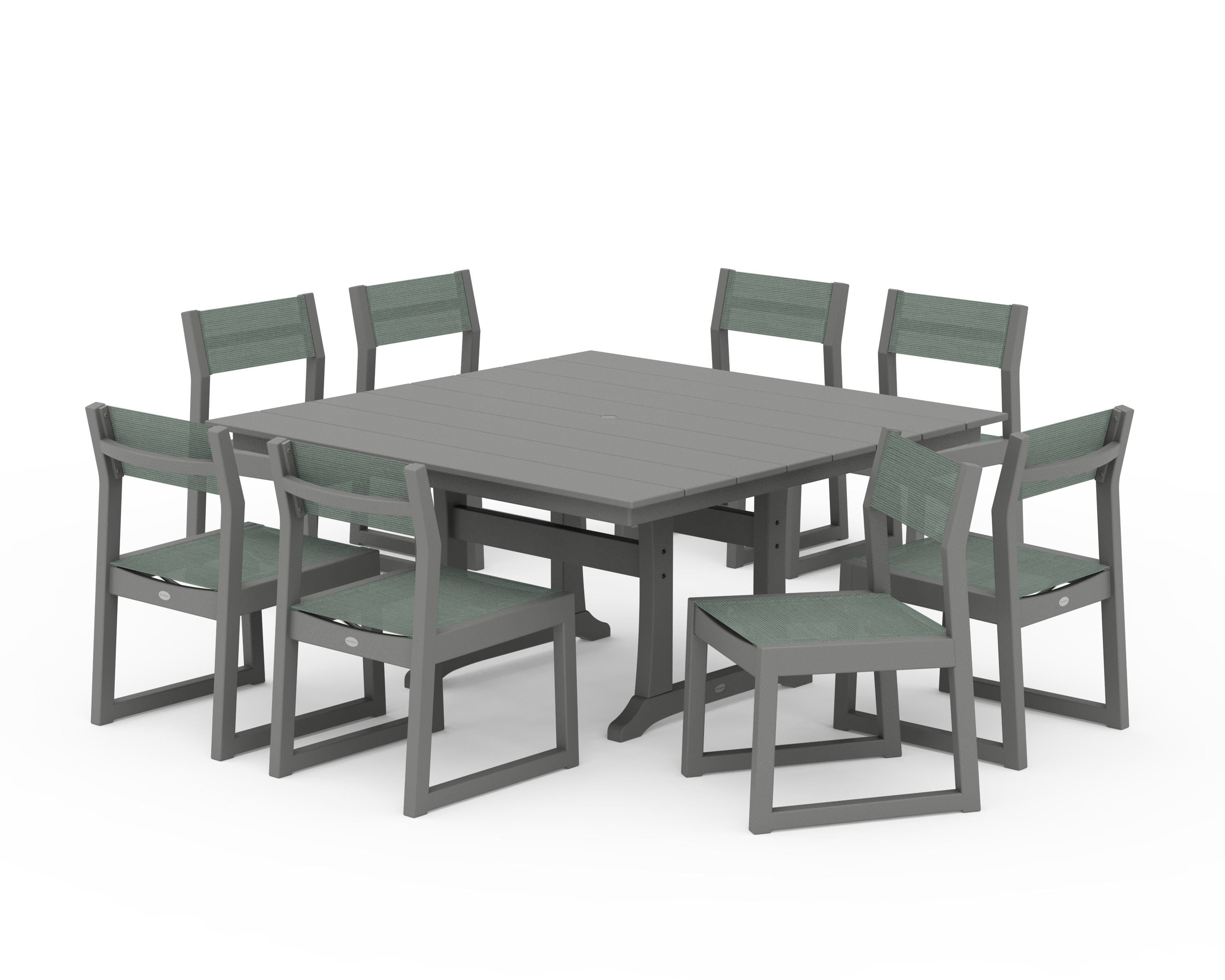 POLYWOOD EDGE Sling Side Chair 9-Piece Farmhouse Trestle Dining Set in Slate Grey / Dupioni Sea Mist Sling