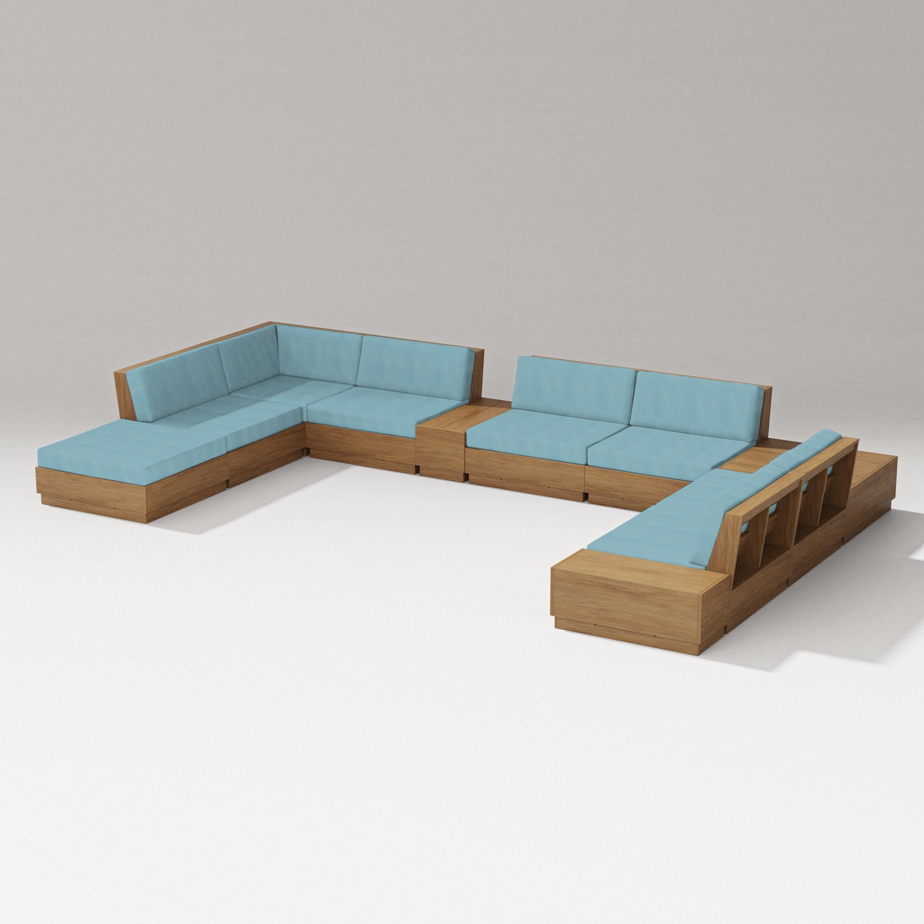 PW Designer Series Elevate 11-Piece Conversation Sectional Set in Natural / Lattice Sky Blue