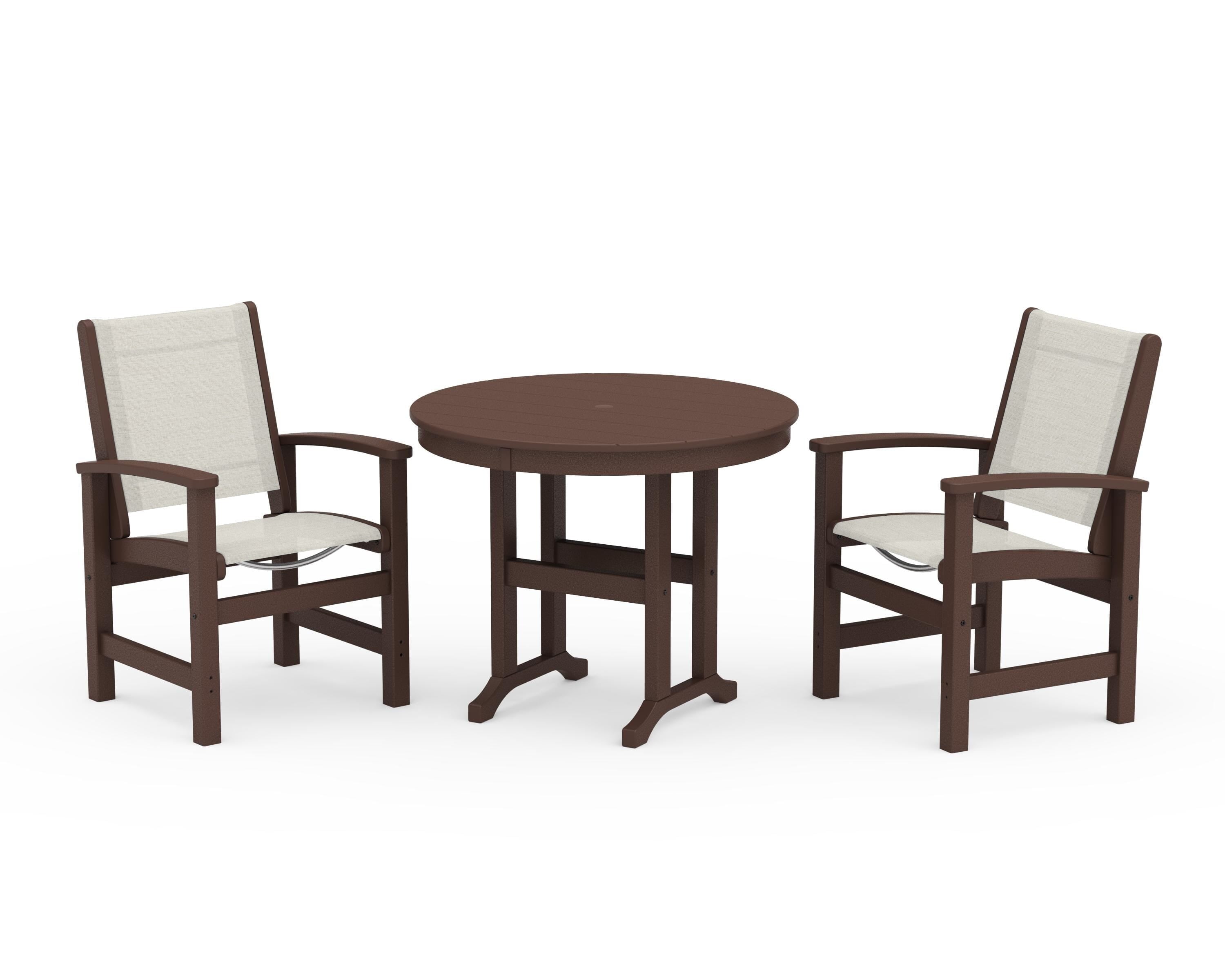 POLYWOOD Coastal 3-Piece Round Dining Set in Mahogany / Parchment Sling
