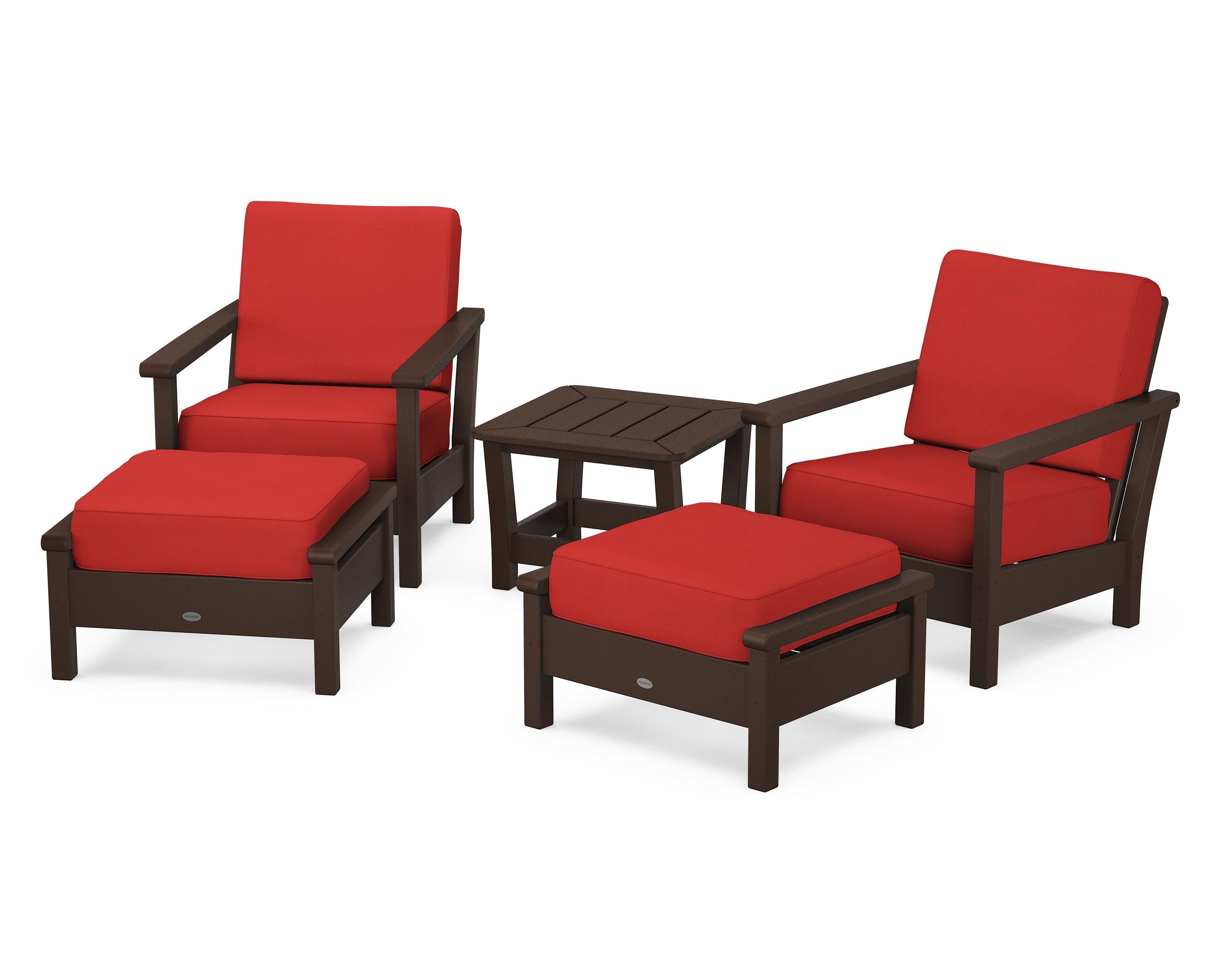 POLYWOOD Harbour 5-Piece Deep Seating Chair Set in Mahogany / Crimson Linen