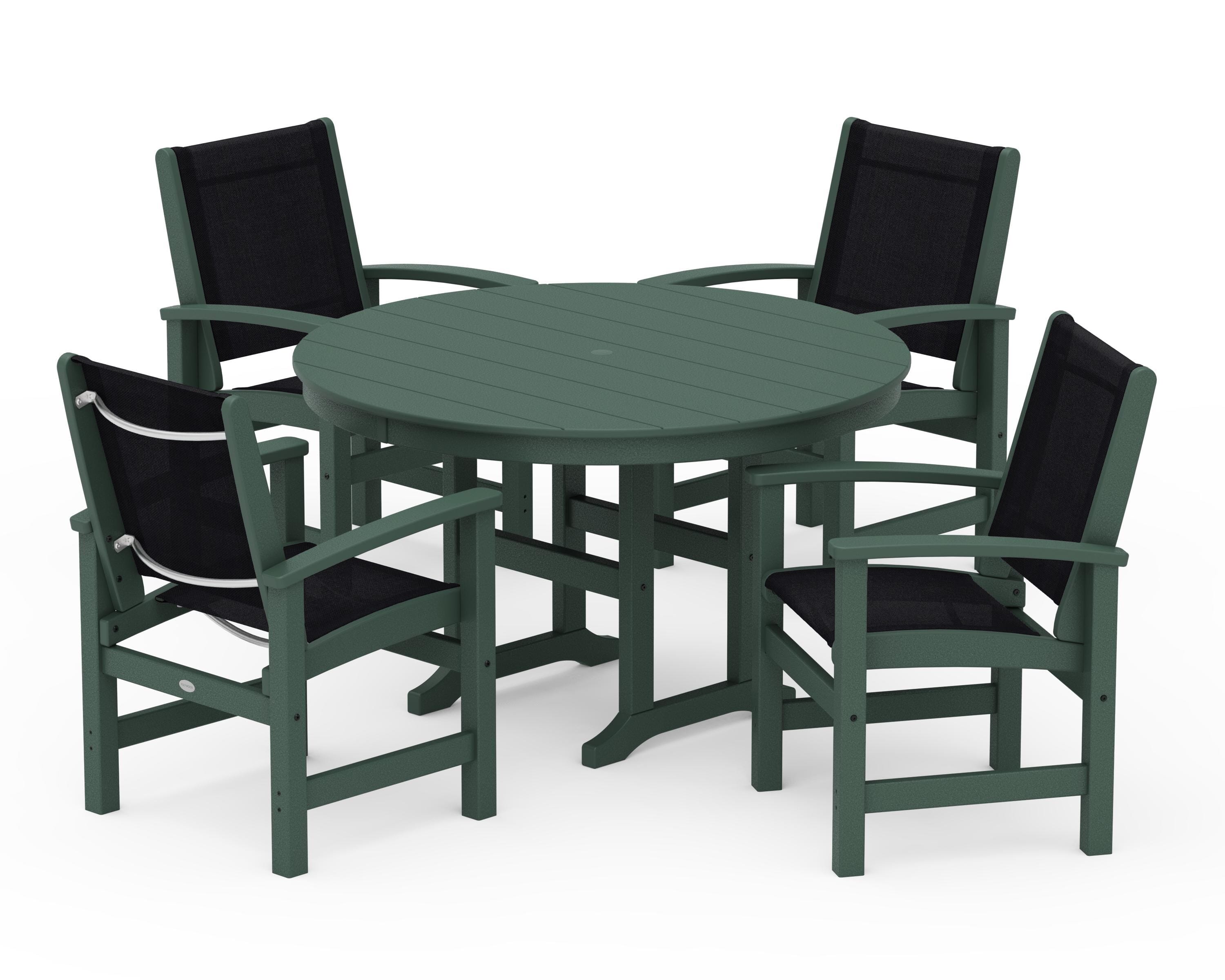 POLYWOOD Coastal 5-Piece Round Farmhouse Dining Set in Green / Black Sling