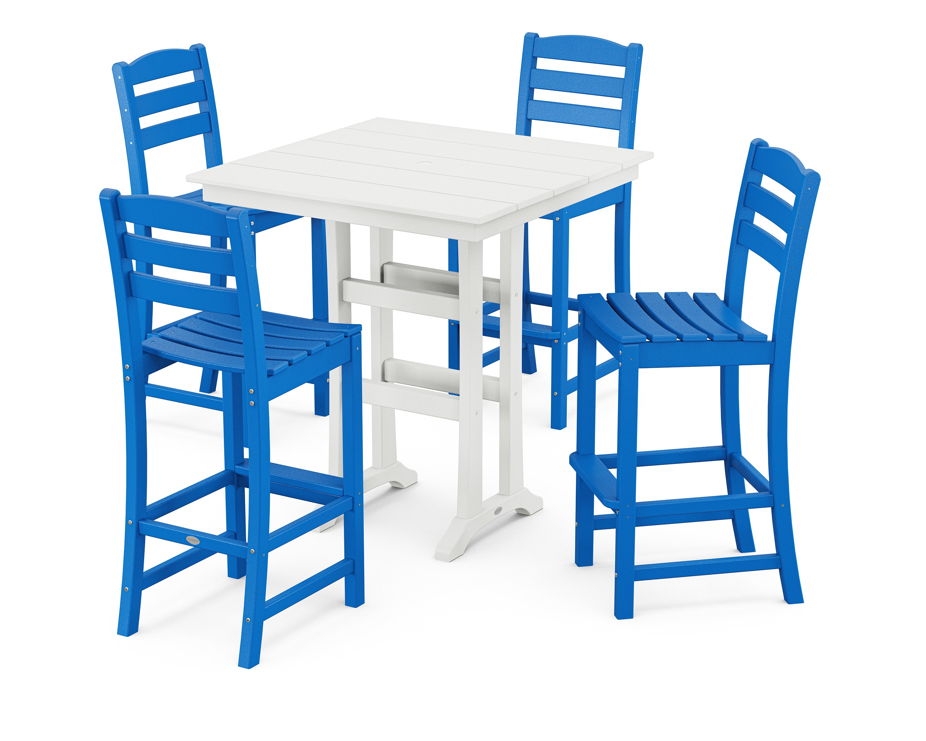 POLYWOOD La Casa Café 5-Piece Farmhouse Trestle Bar Set in Pacific Blue / White