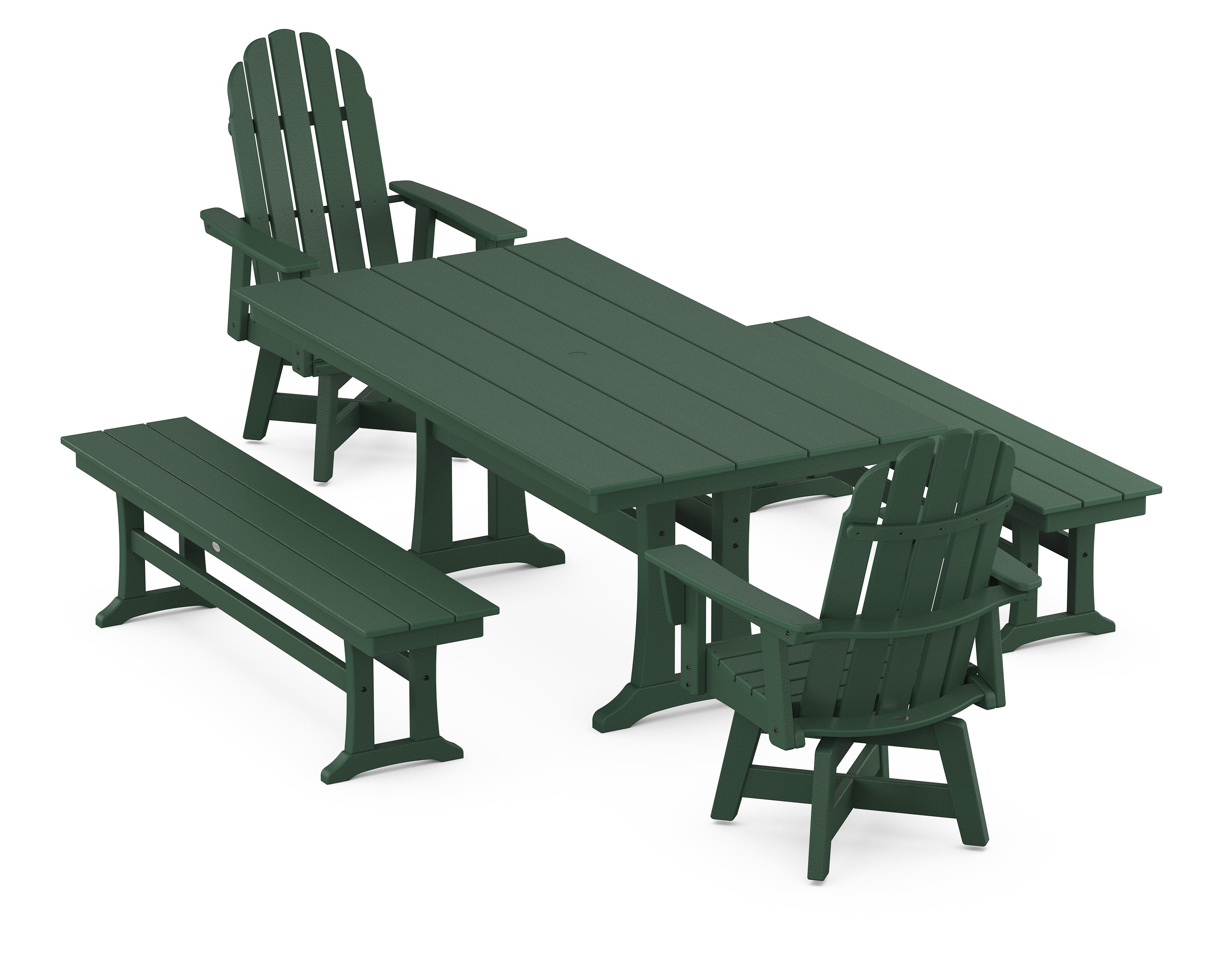 POLYWOOD® Vineyard Curveback Adirondack Swivel Chair 5-Piece Farmhouse Dining Set With Trestle Legs and Benches in Green