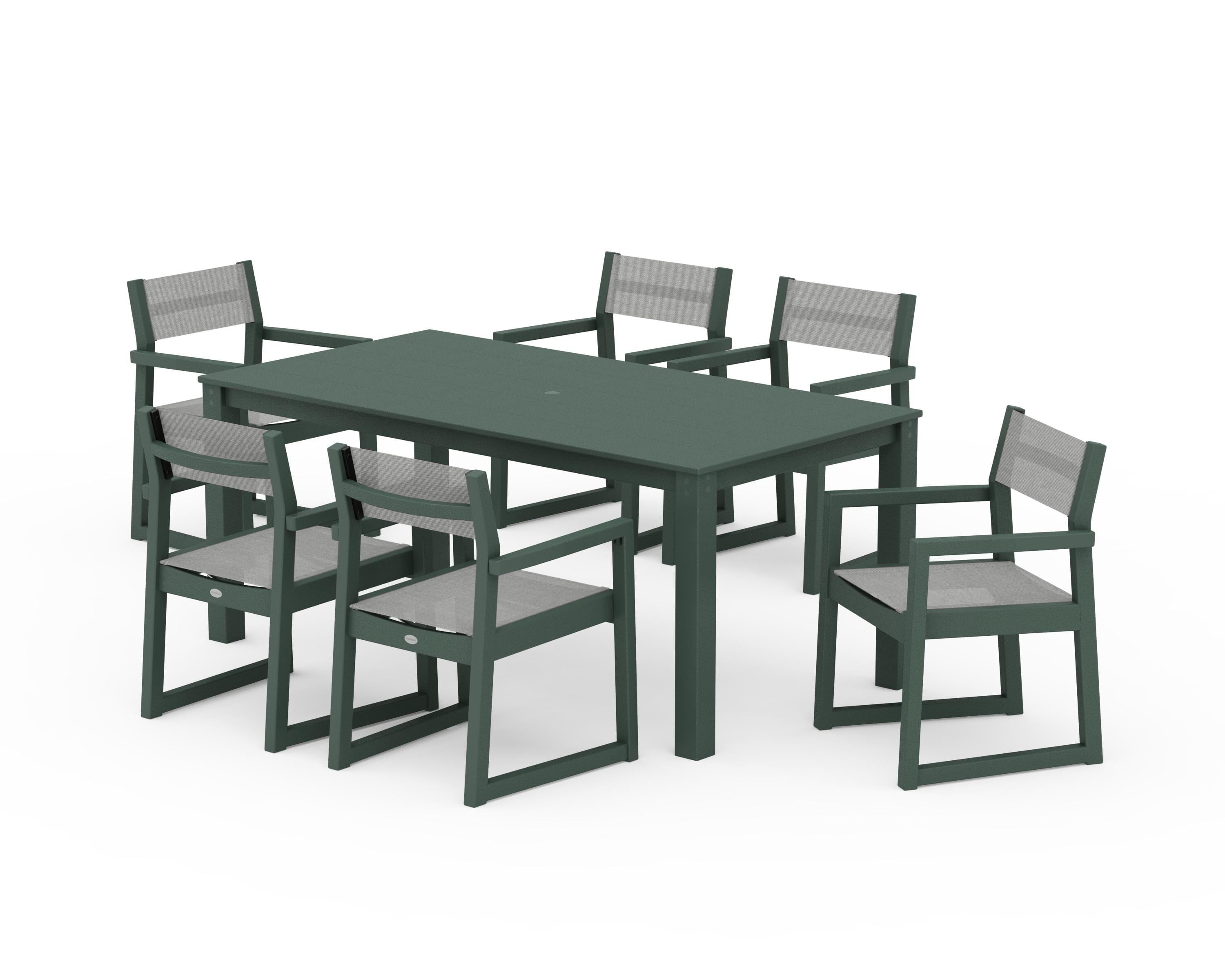 POLYWOOD EDGE Sling Arm Chair 7-Piece Parsons Dining Set in Green / Metallic Sling