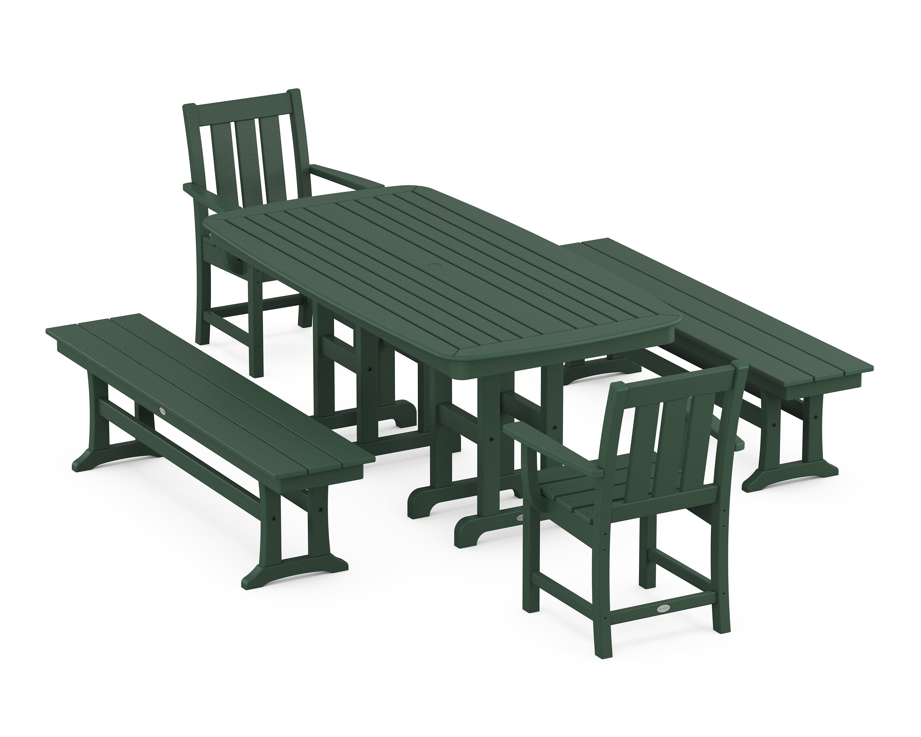 POLYWOOD Oxford 5-Piece Dining Set with Benches in Green