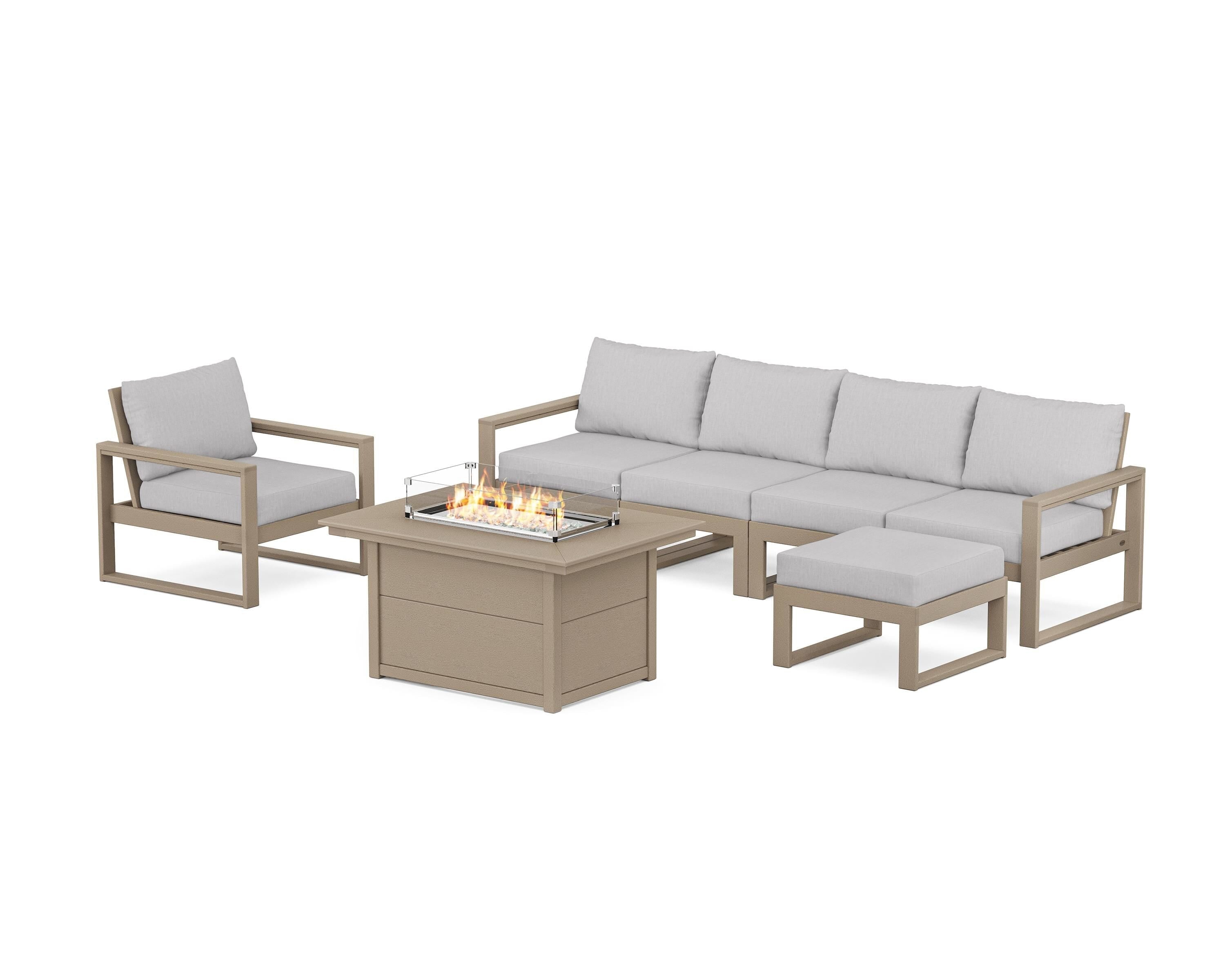 POLYWOOD EDGE Sectional Lounge and Fire Pit Set in Vintage Sahara / Granite