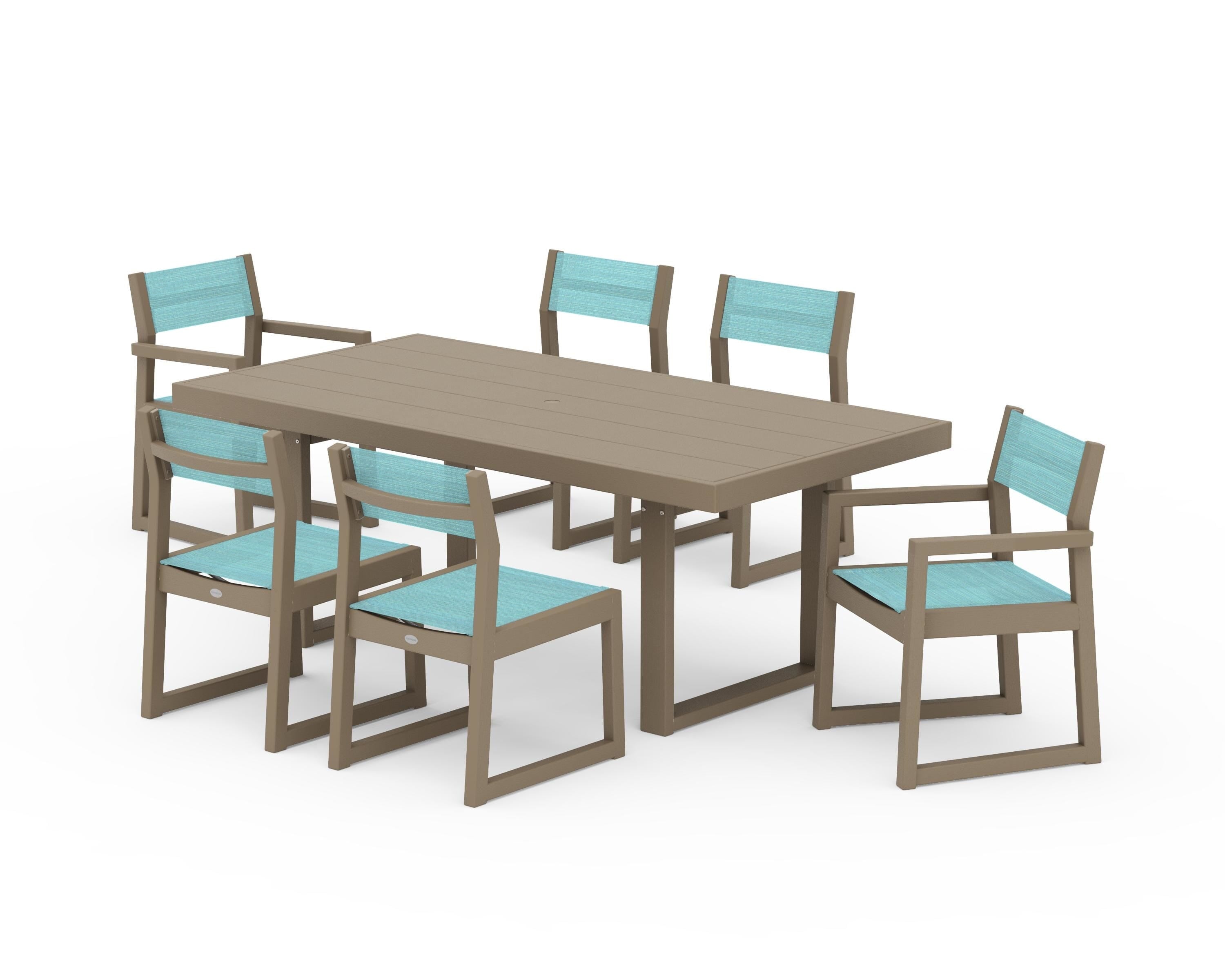 POLYWOOD EDGE Sling 7-Piece Dining Set in Vintage Sahara / Dupioni Aquamarine Sling