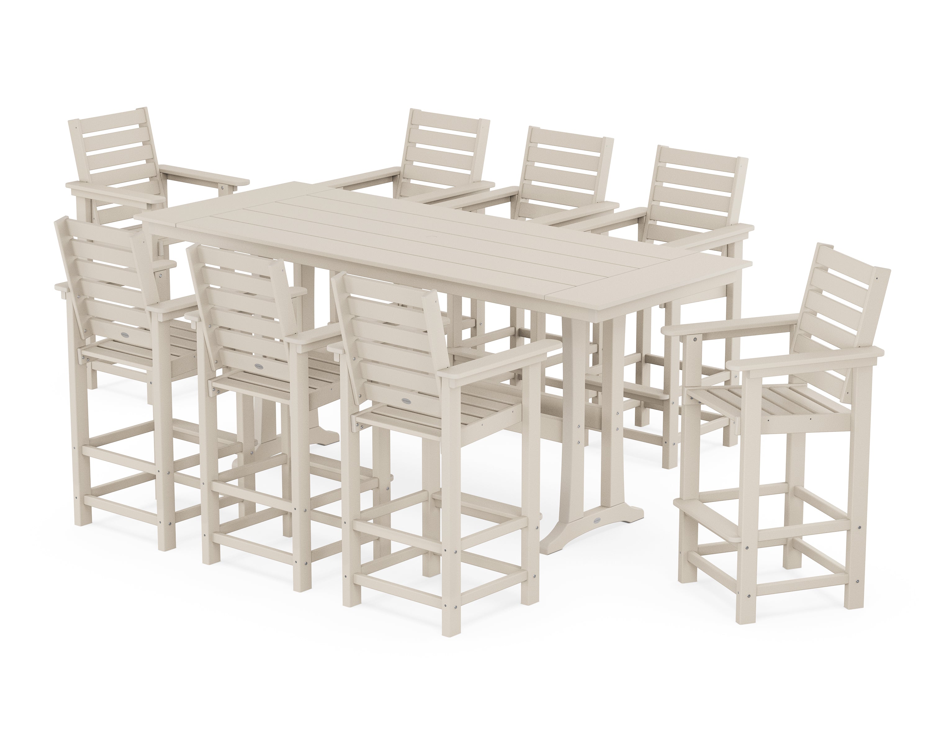 POLYWOOD® Captain 9-Piece Farmhouse Bar Set with Trestle Legs in Sand