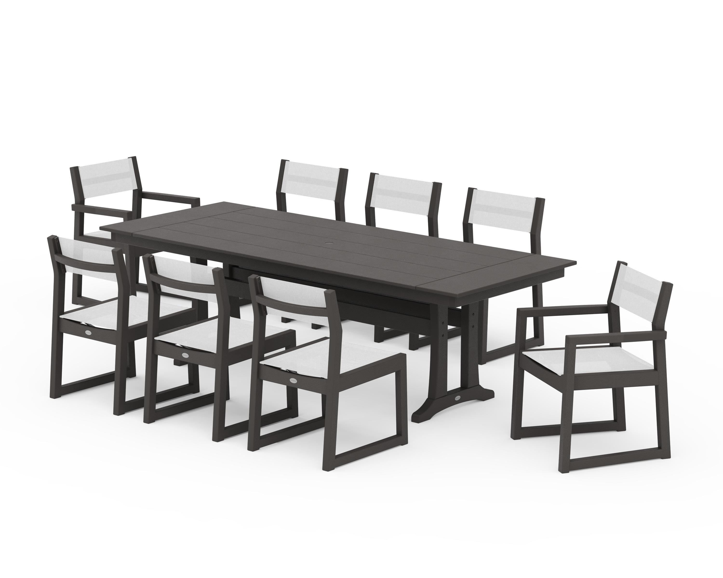 POLYWOOD EDGE Sling 9-Piece Farmhouse Trestle Dining Set in Vintage Coffee / White Sling