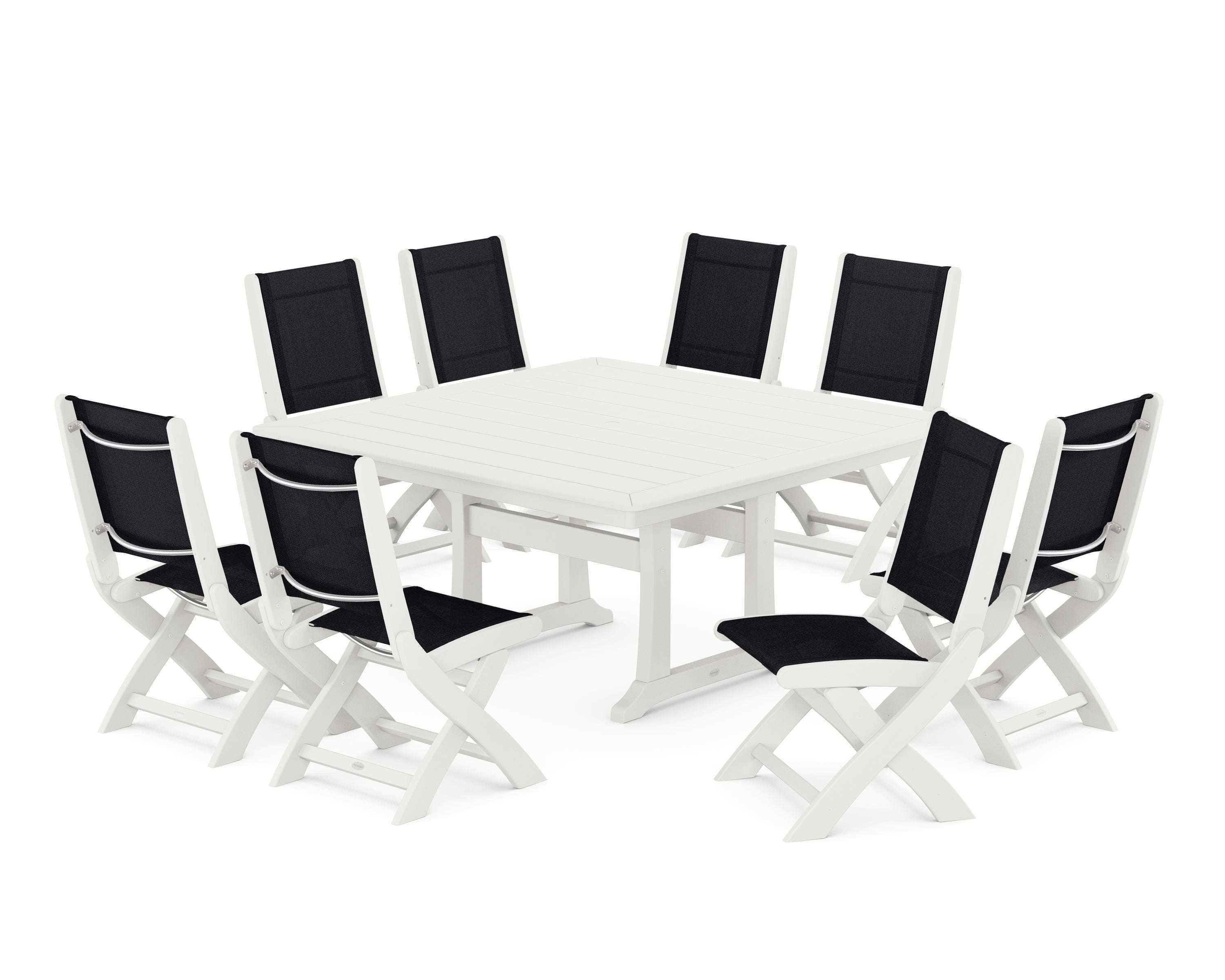 POLYWOOD Coastal Folding Side Chair 9-Piece Dining Set with Trestle Legs in Vintage White / Black Sling