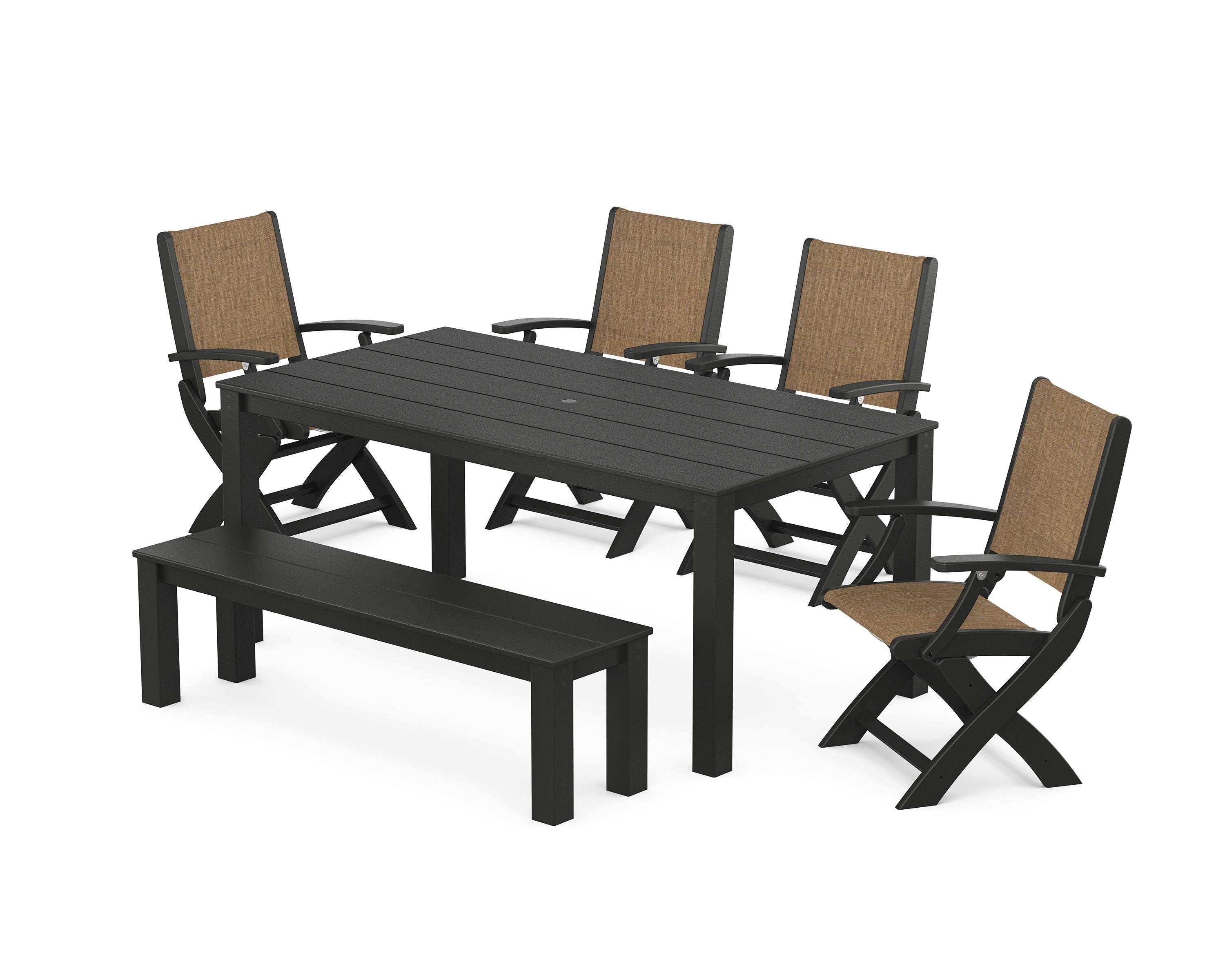 POLYWOOD Coastal Folding Chair 6-Piece Parsons Dining Set with Bench in Black / Burlap Sling