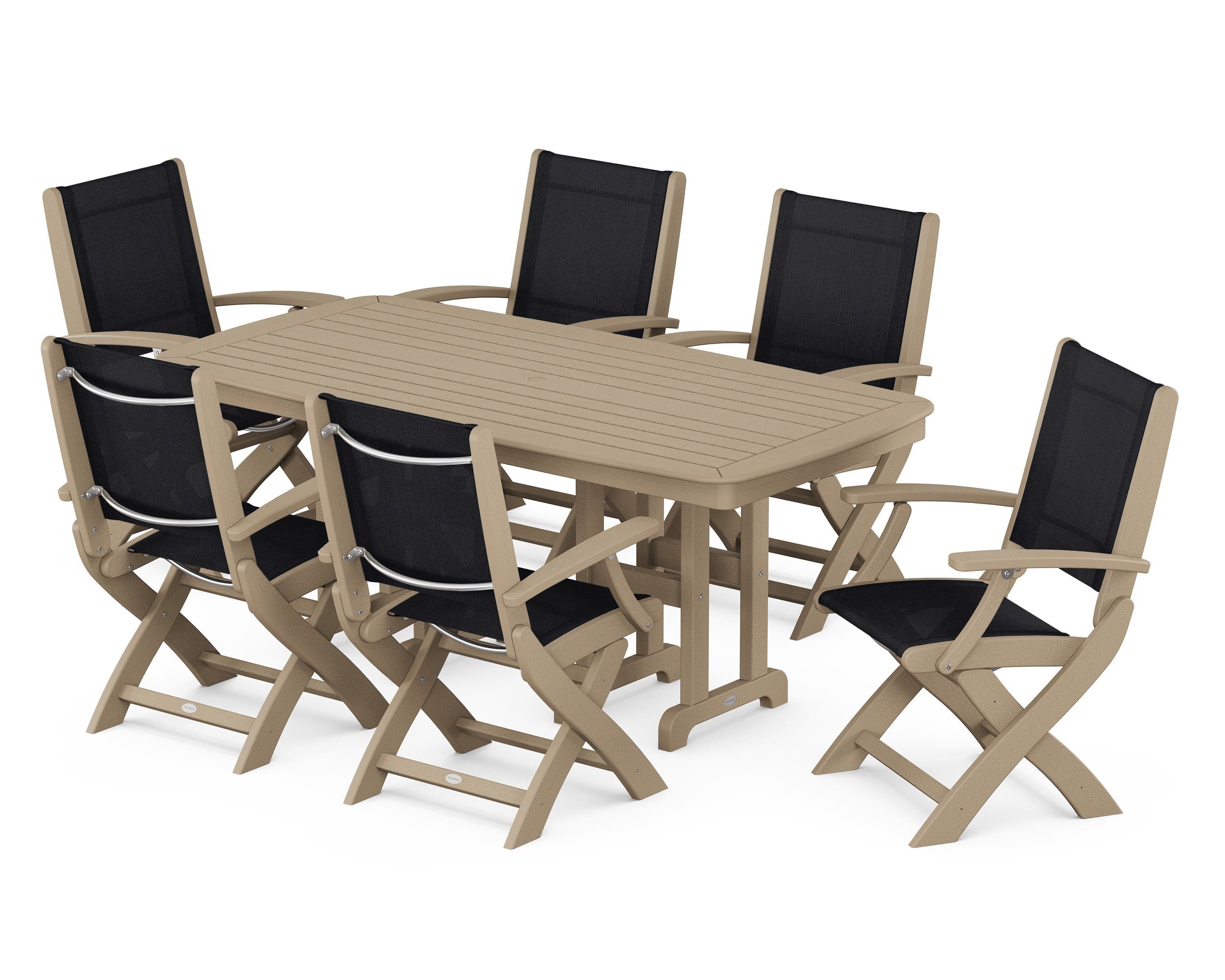 POLYWOOD Coastal Folding Arm Chair 7-Piece Dining Set in Vintage Sahara / Black Sling