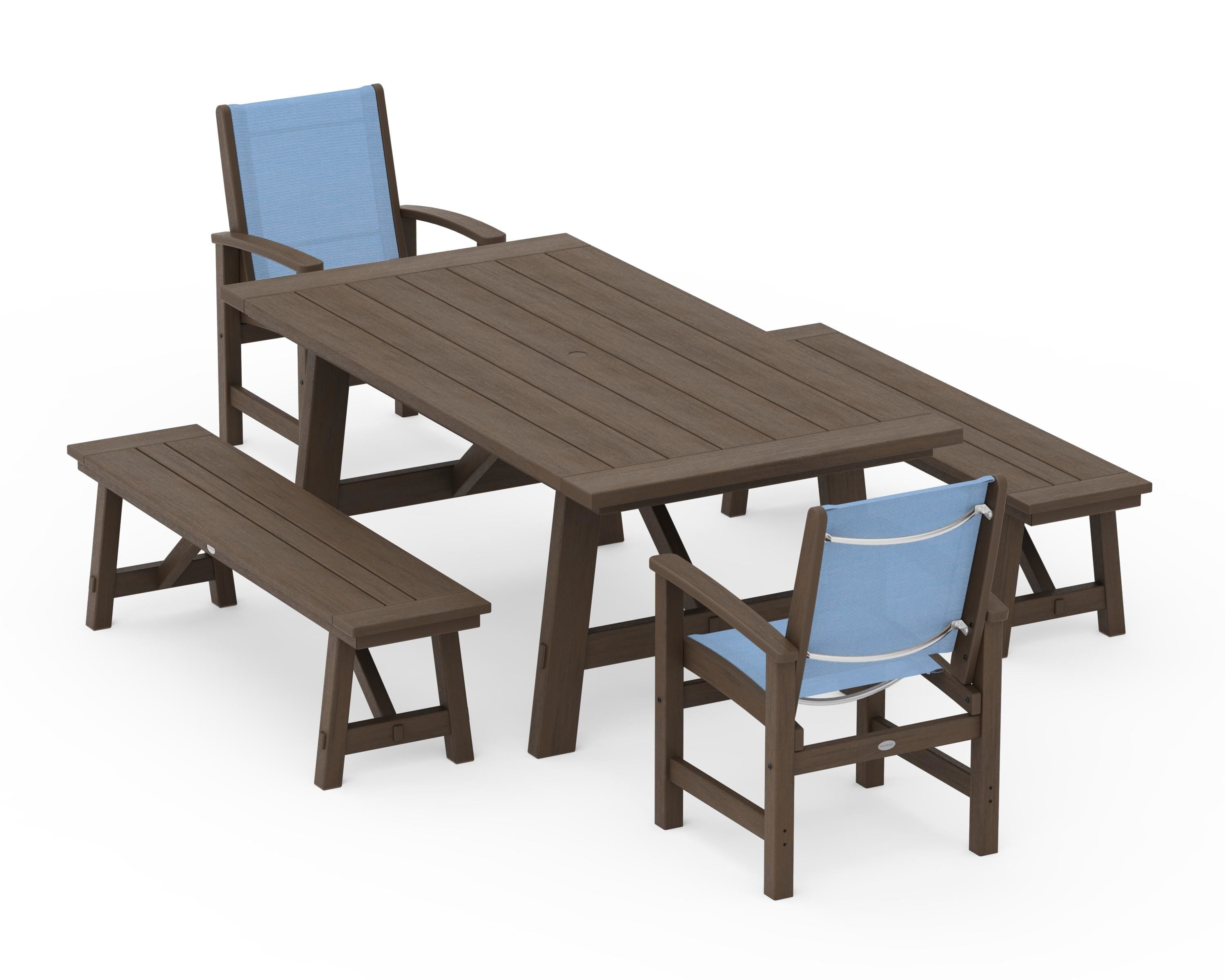 POLYWOOD Coastal 5-Piece Rustic Farmhouse Dining Set With Benches in Kona / Poolside Sling