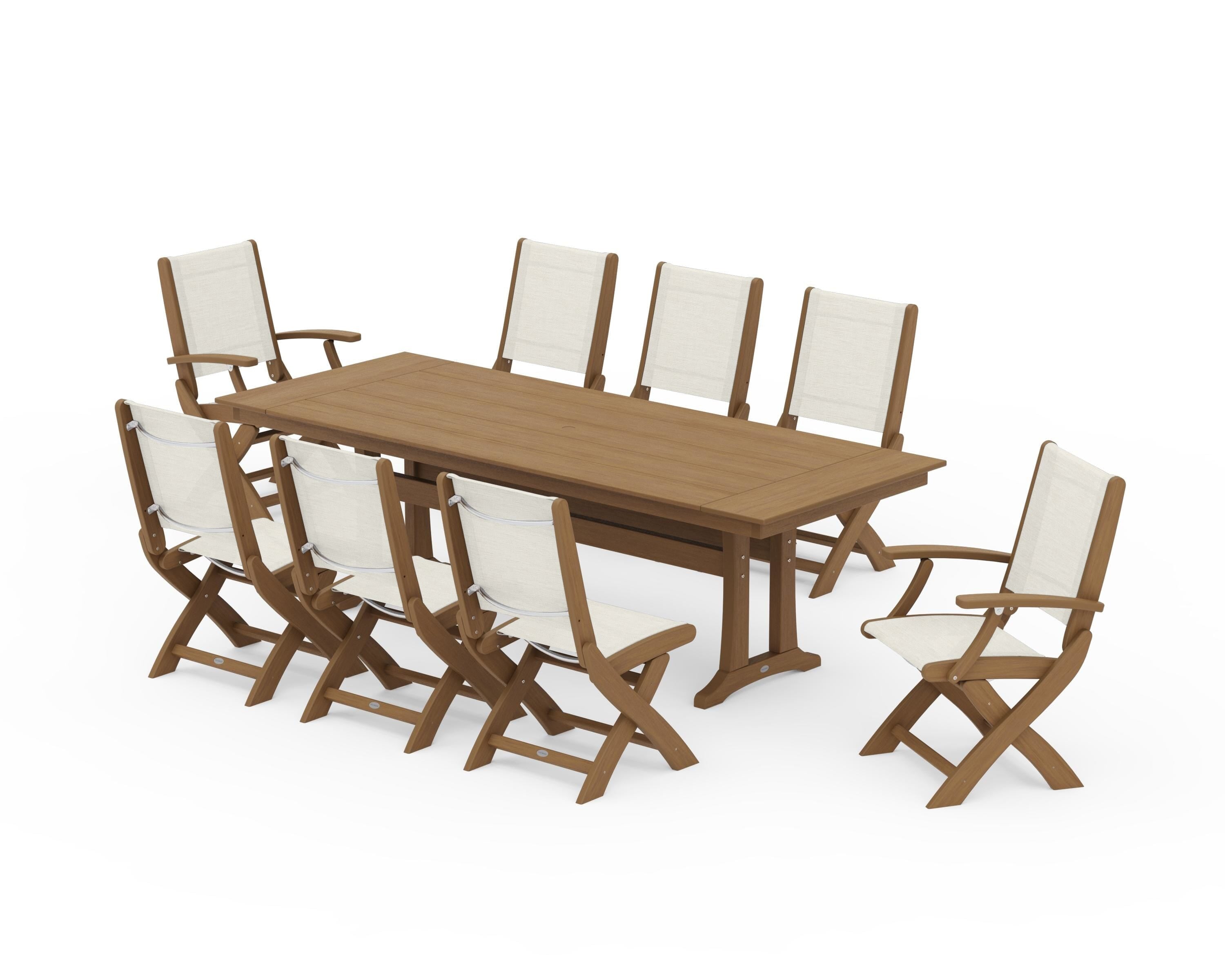 POLYWOOD Coastal 9-Piece Folding Dining Chair Farmhouse Dining Set with Trestle Legs in Natural / Parchment Sling
