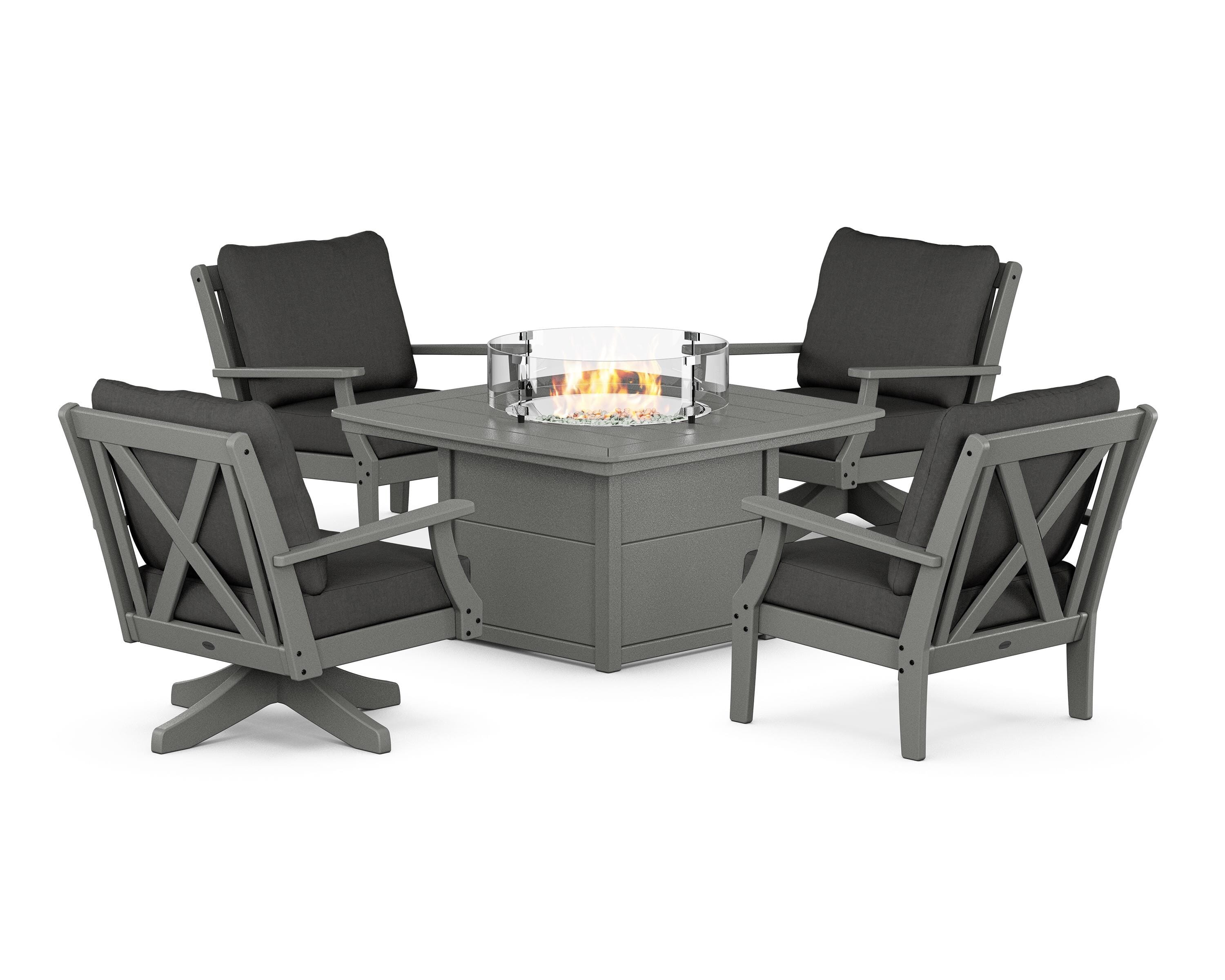 POLYWOOD Braxton 5-Piece Deep Seating Set with Fire Table in Slate Grey / Spectrum Carbon