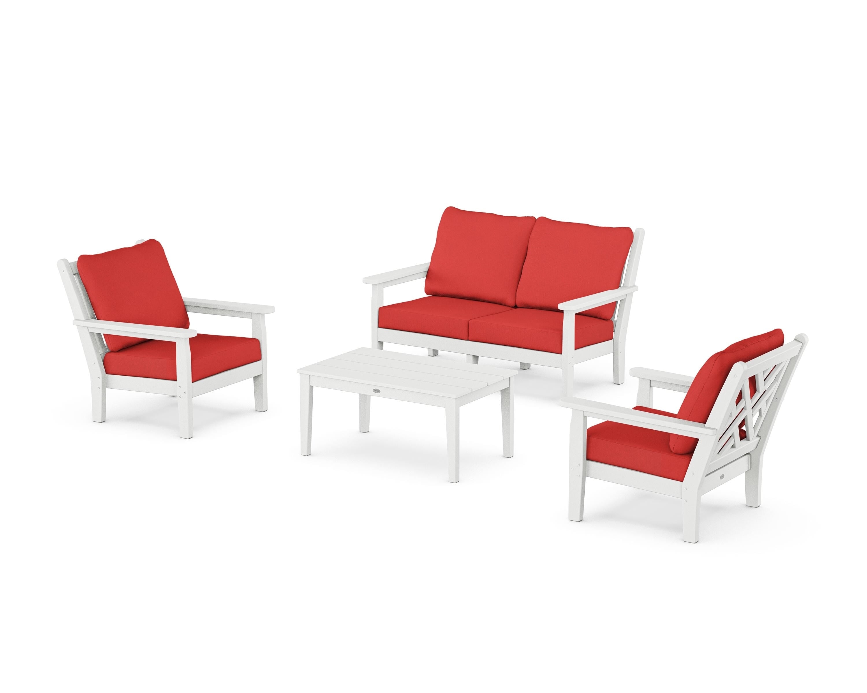 POLYWOOD Chippendale 4-Piece Deep Seating Set with Loveseat in White / Crimson Linen