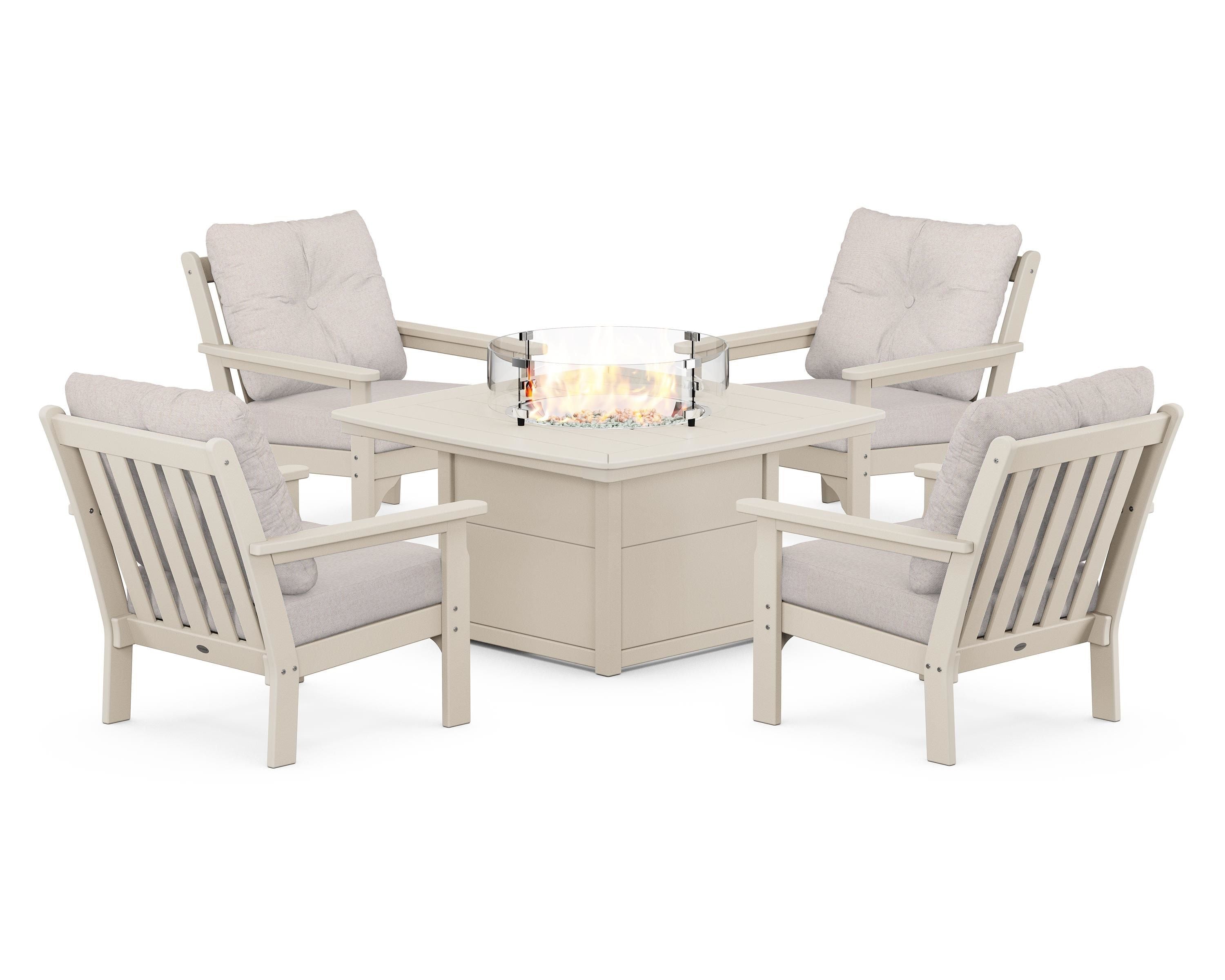 POLYWOOD Vineyard 5-Piece Conversation Set with Fire Pit Table in Sand / Dune Burlap