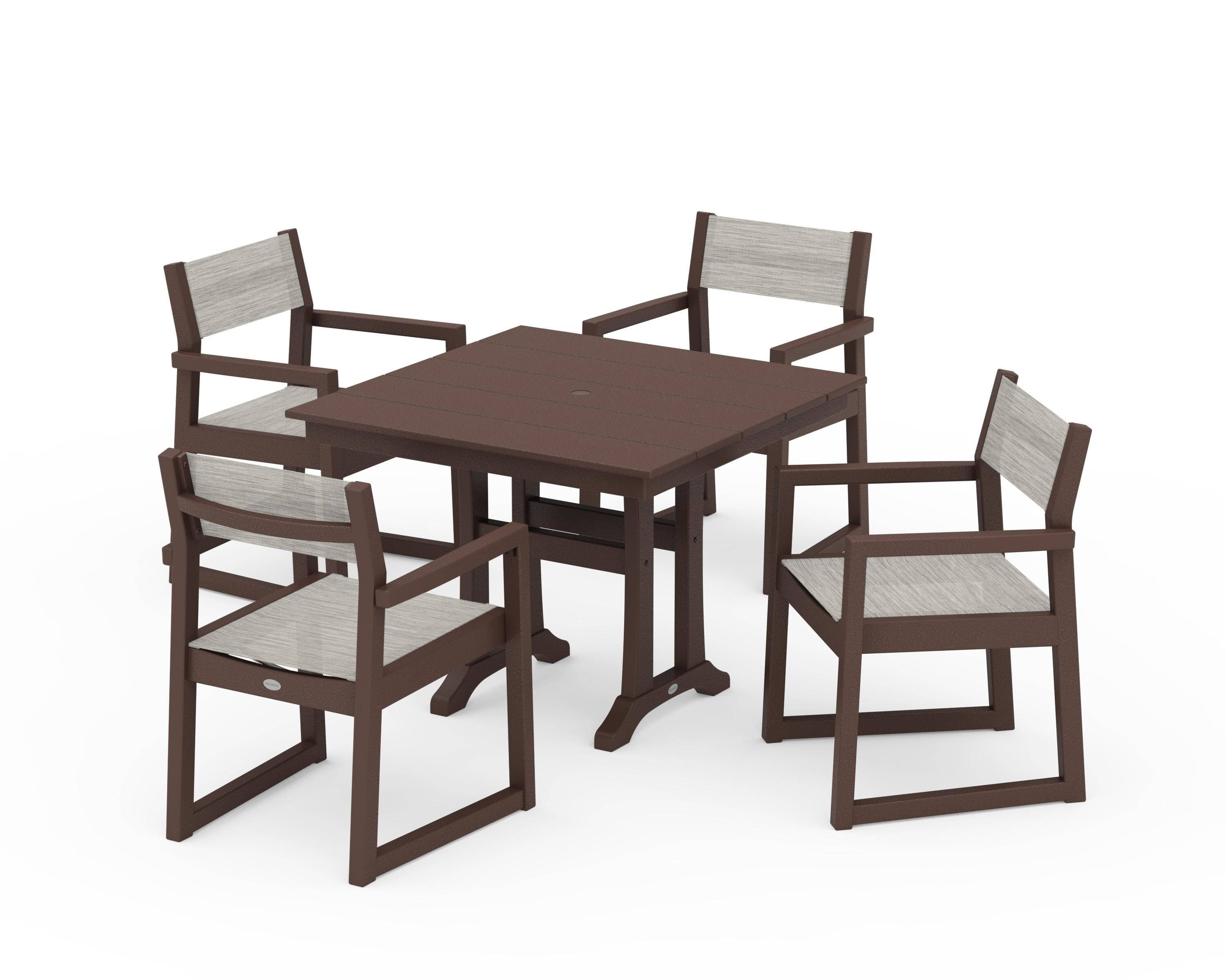 POLYWOOD EDGE Sling 5-Piece Farmhouse Dining Set with Trestle Legs in Mahogany / Birch Sling