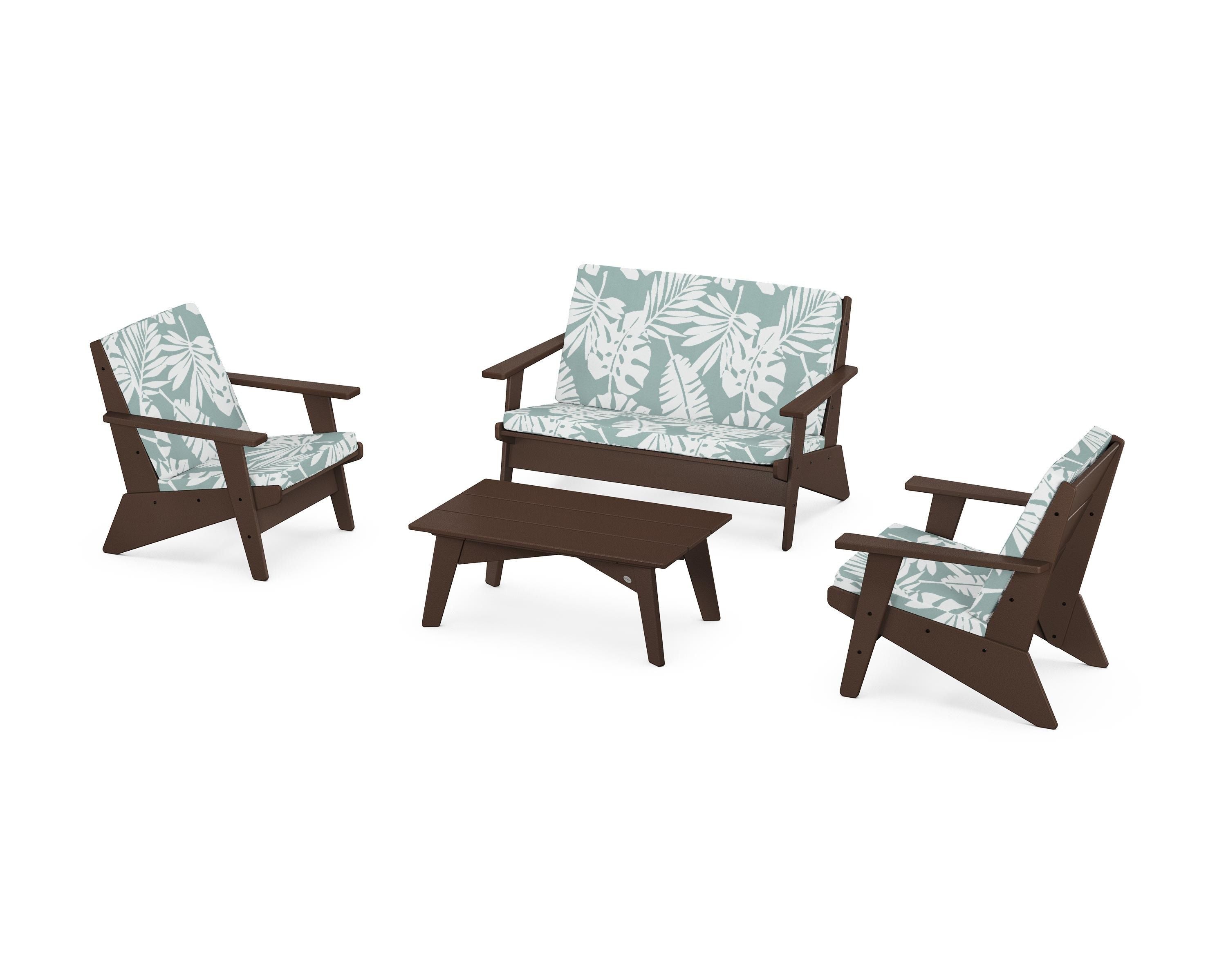 POLYWOOD Riviera Modern Lounge 4-Piece Set in Mahogany / Leaf Glacier Spa