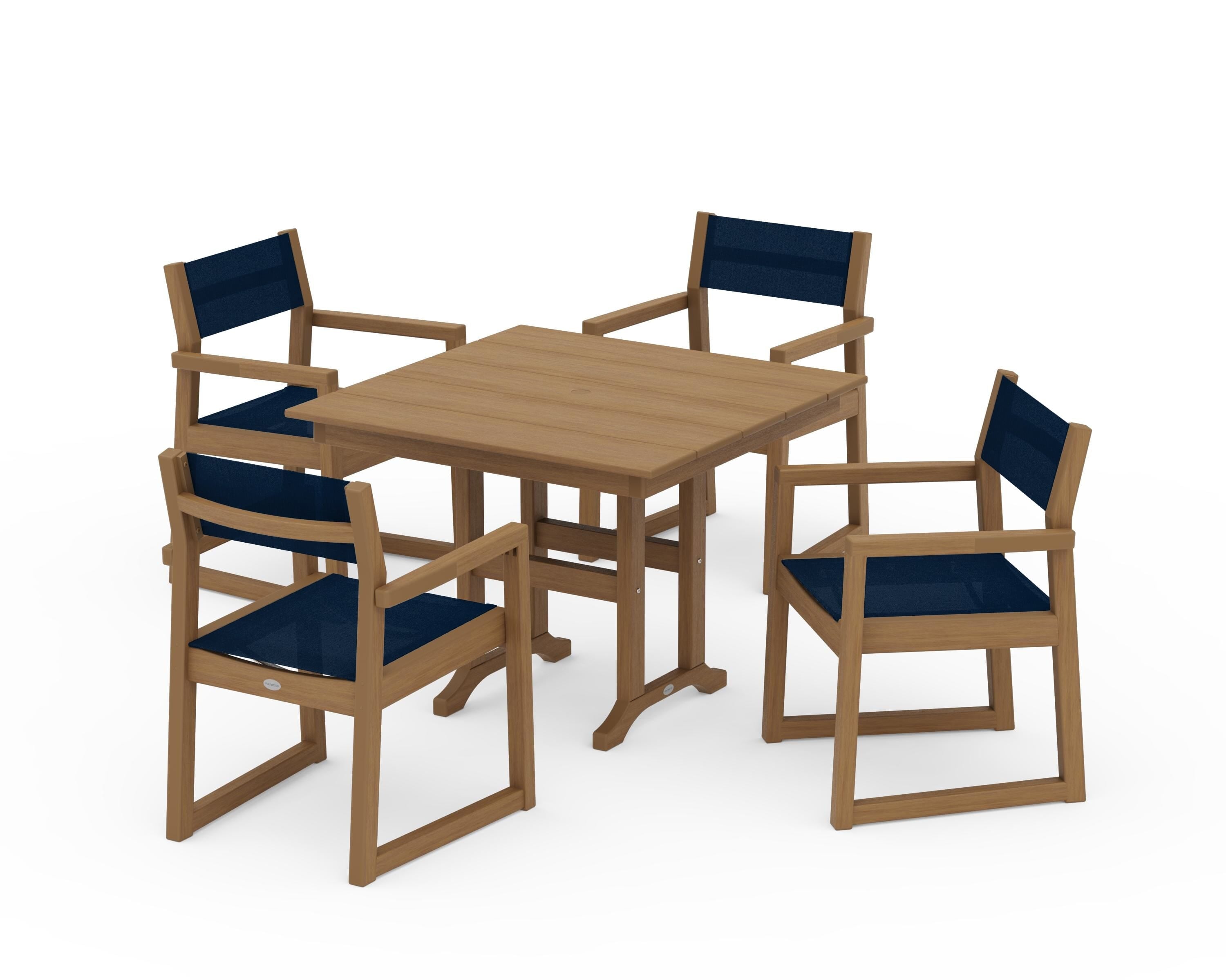 POLYWOOD EDGE Sling Arm Chair 5-Piece Farmhouse Dining Set in Natural / Navy Blue Sling