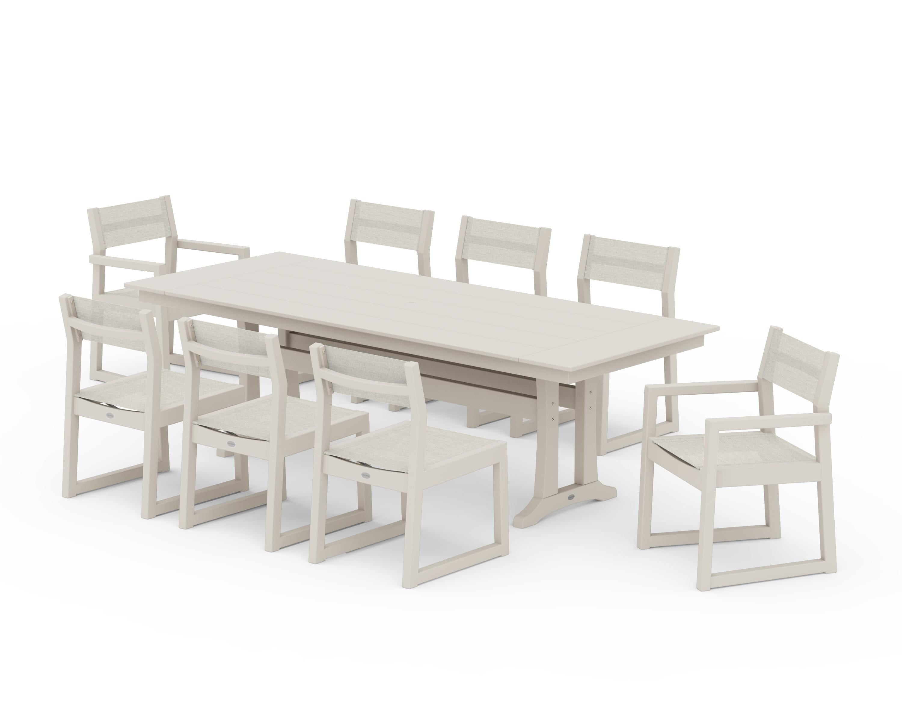 POLYWOOD EDGE Sling 9-Piece Farmhouse Trestle Dining Set in Sand / Parchment Sling