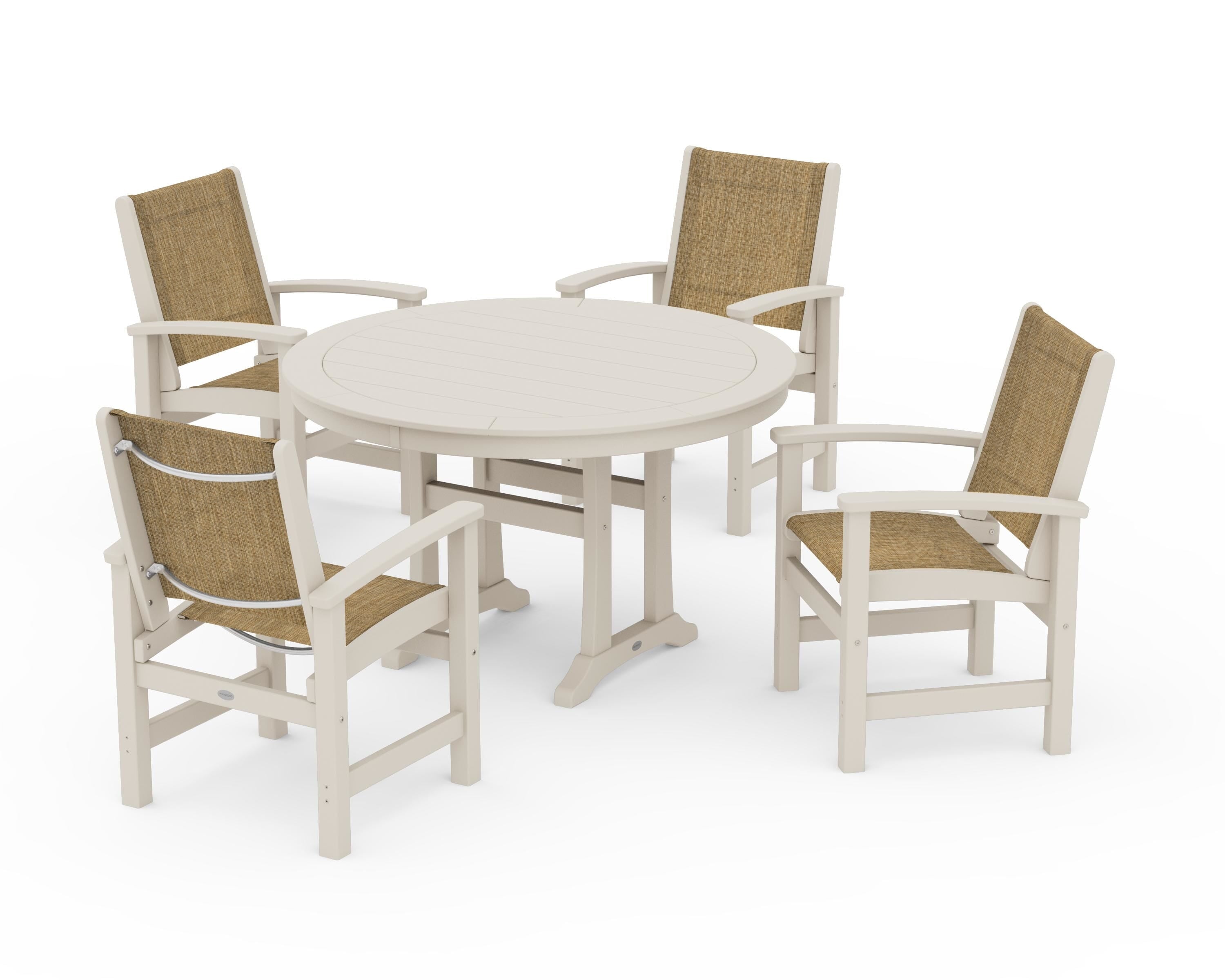 POLYWOOD Coastal 5-Piece Round Dining Set with Trestle Legs in Sand / Burlap Sling