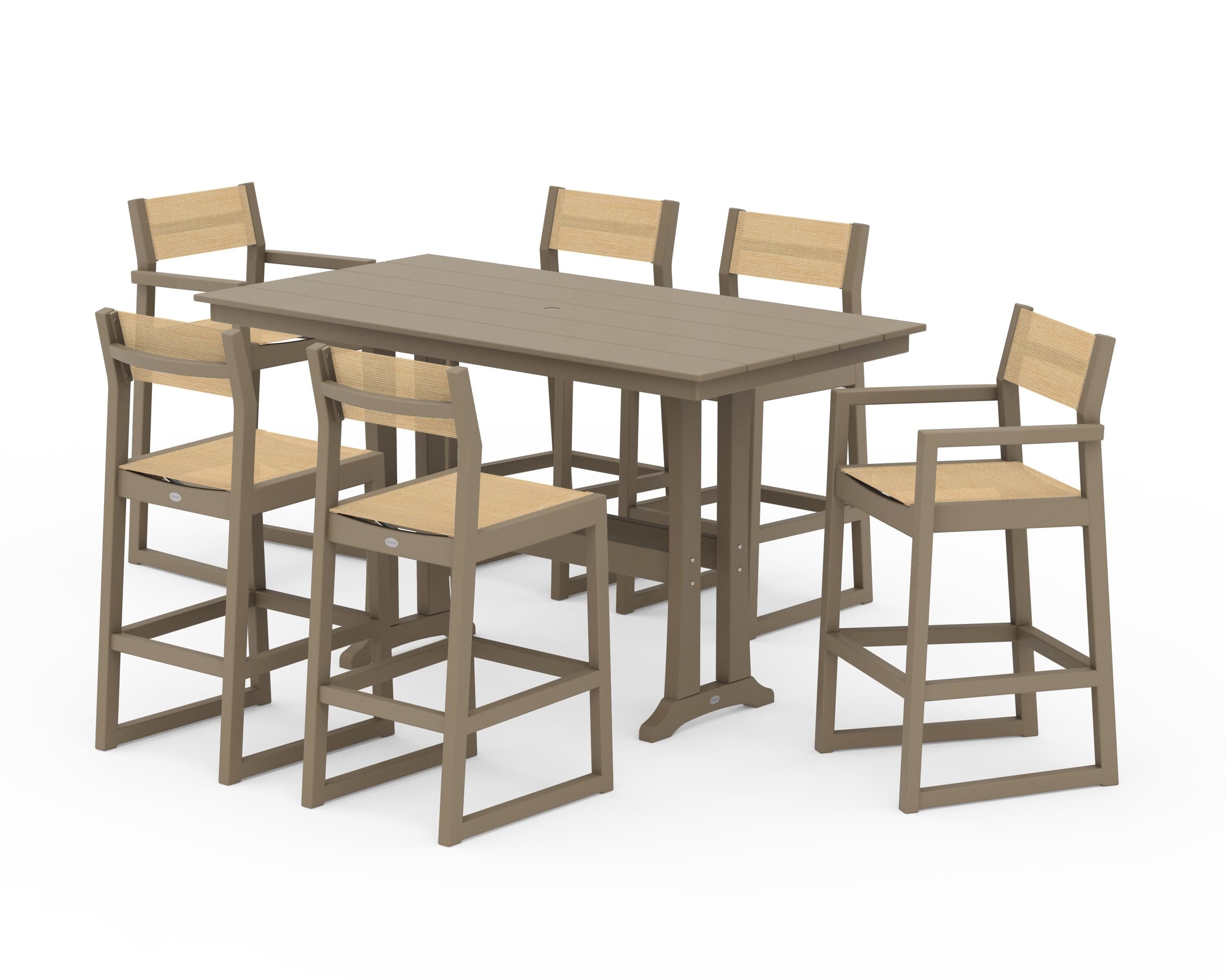 POLYWOOD EDGE Sling 7-Piece Farmhouse Bar Set with Trestle Legs in Vintage Sahara / Dupioni Apricot Sling
