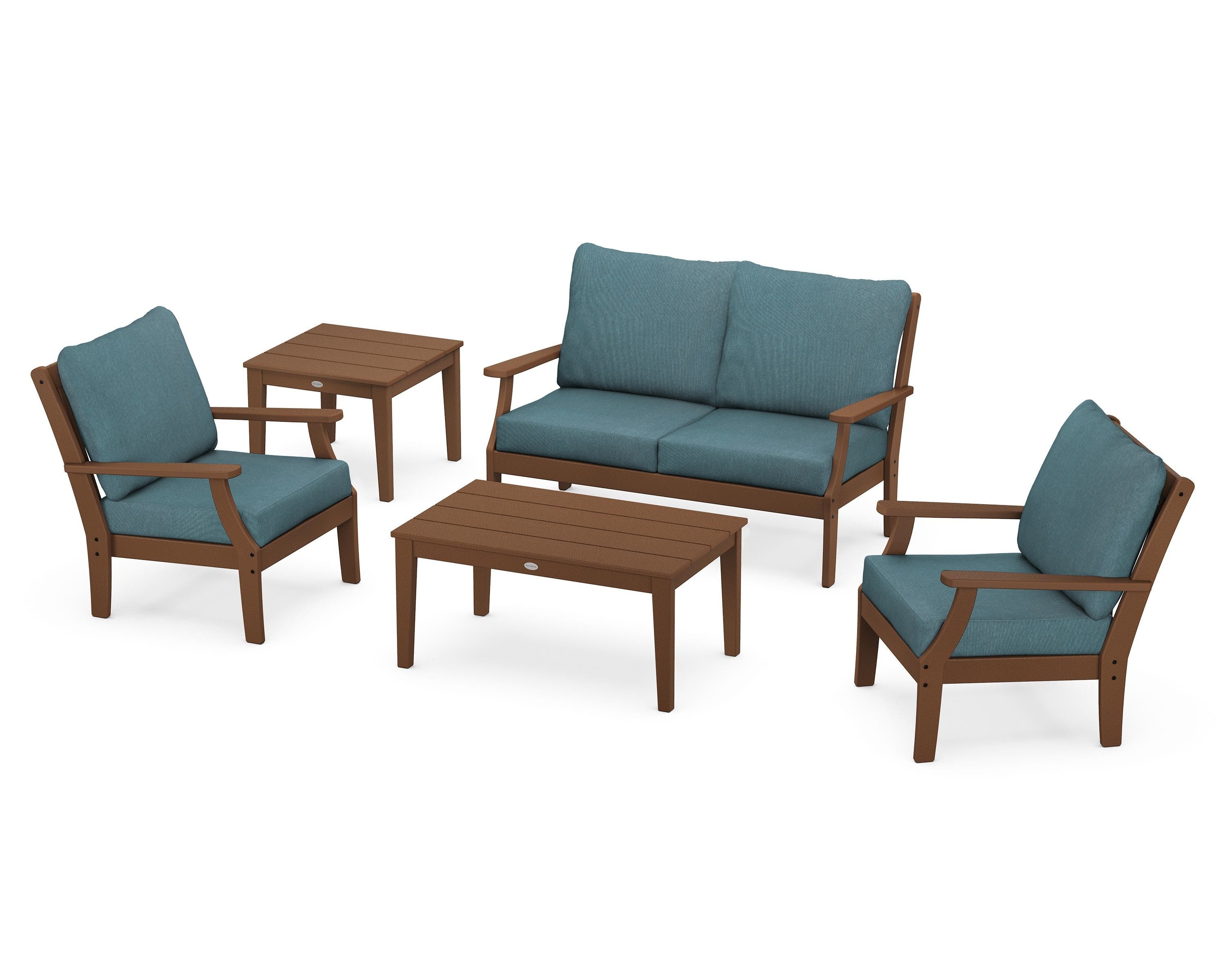 POLYWOOD Braxton 5-Piece Deep Seating Set in Teak / Ocean Teal