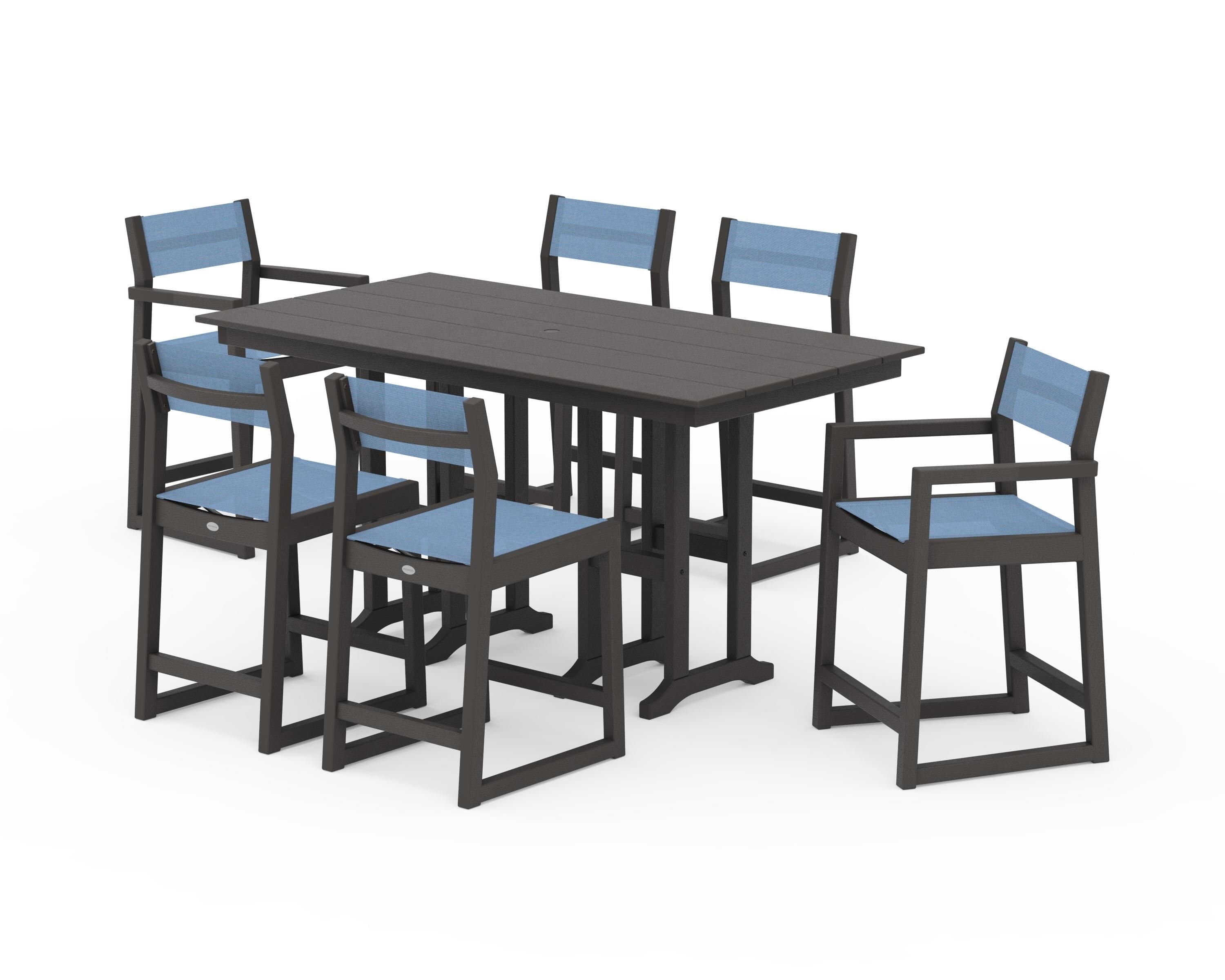POLYWOOD EDGE Sling 7-Piece Farmhouse Counter Set in Vintage Coffee / Poolside Sling