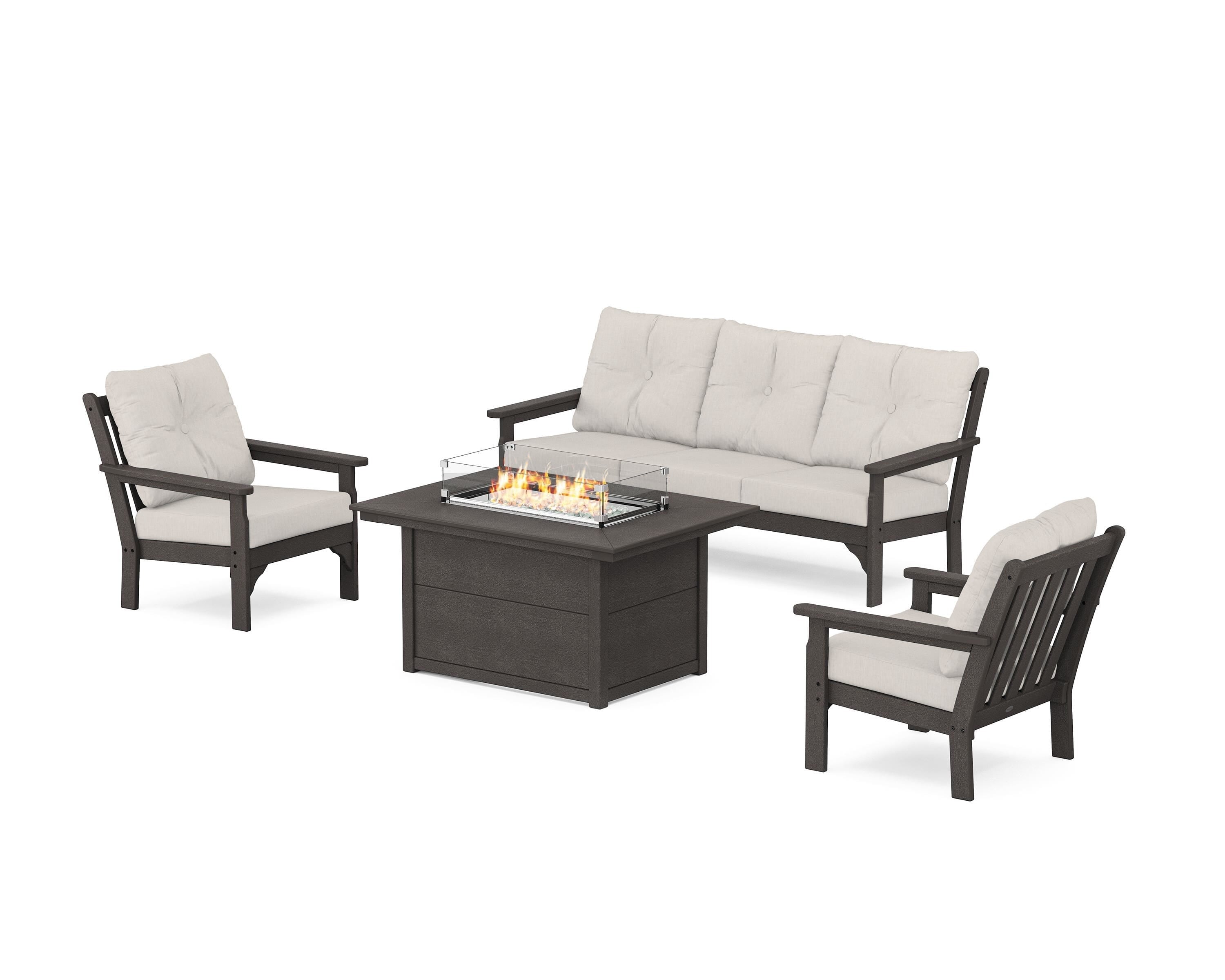 POLYWOOD Vineyard Deep Seating Fire Pit Table Set in Vintage Coffee / Cast Ash