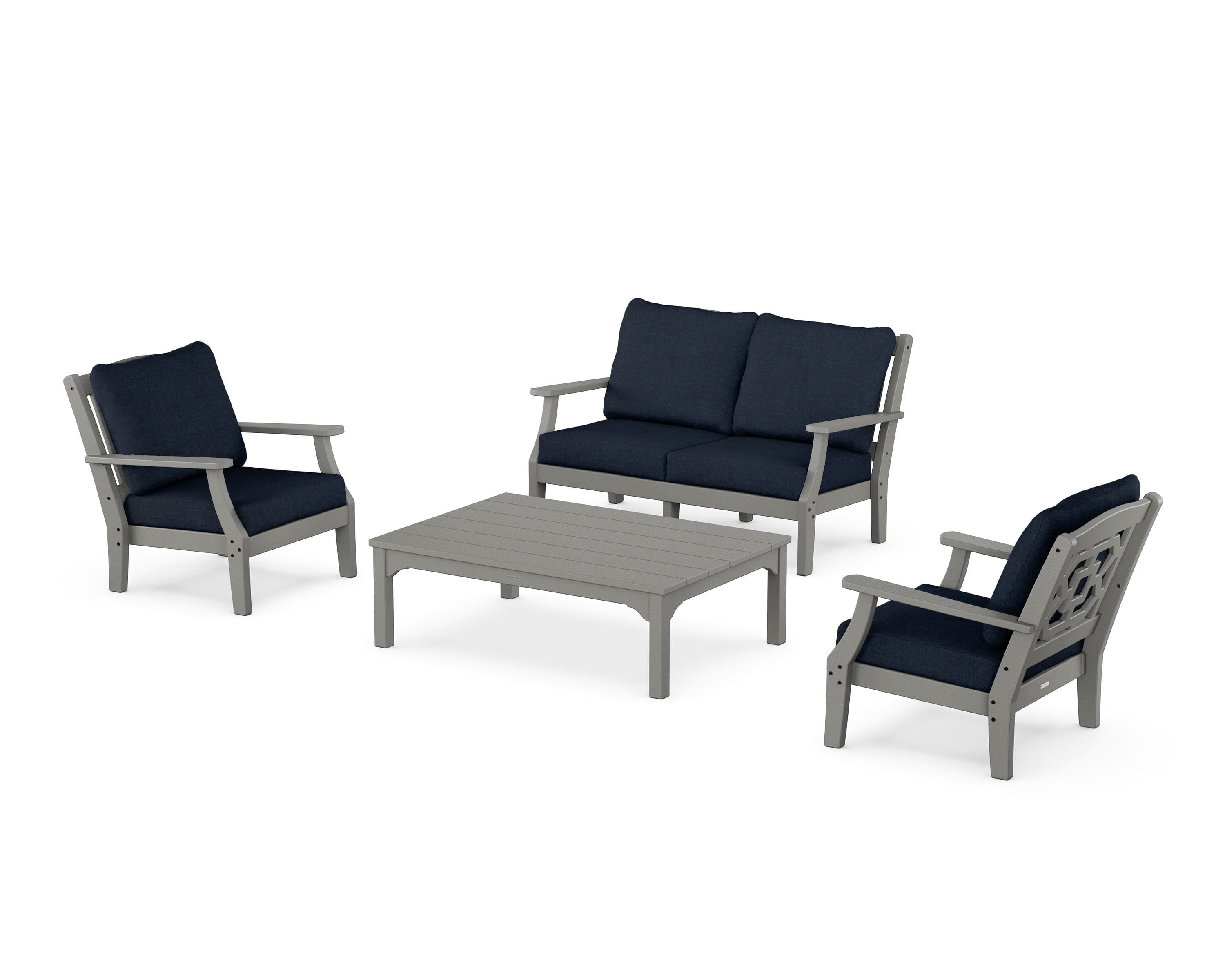 Martha Stewart by POLYWOOD Chinoiserie 4-Piece Deep Seating Set with Loveseat in Slate Grey / Marine Indigo