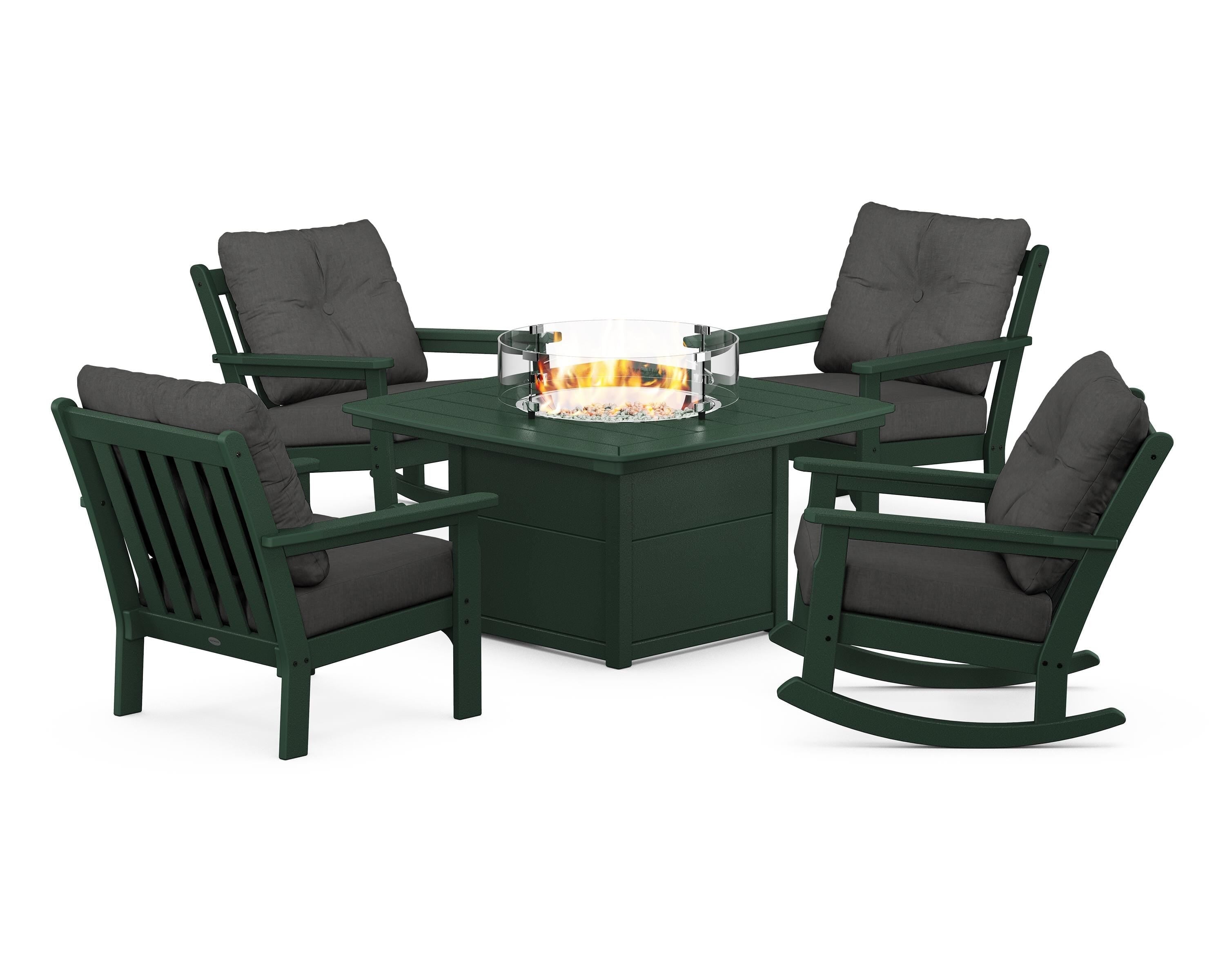 POLYWOOD Vineyard 5-Piece Deep Seating Rocking Chair Conversation Set with Fire Pit Table in Green / Spectrum Carbon