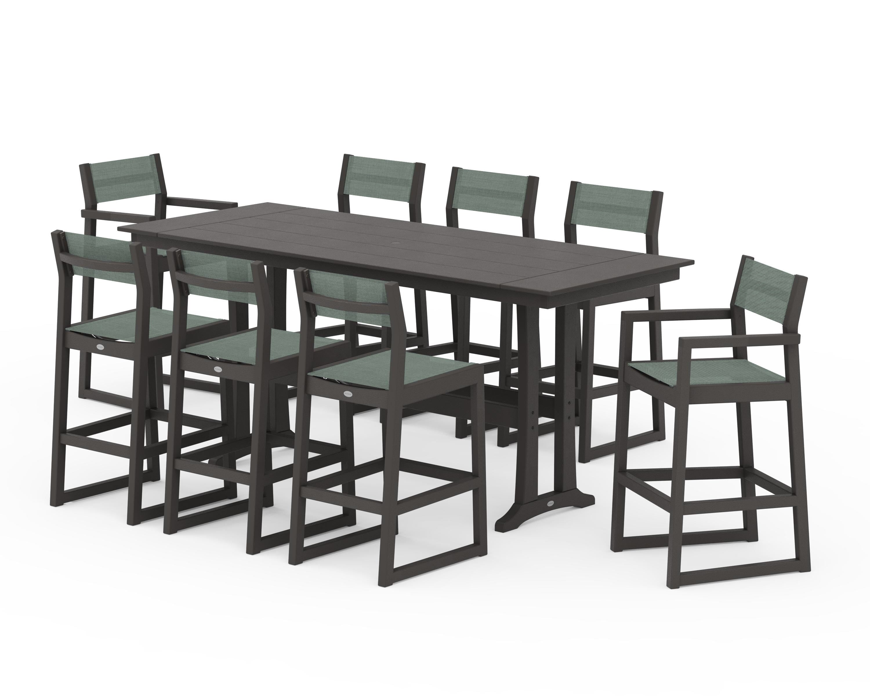 POLYWOOD EDGE Sling 9-Piece Farmhouse Bar Set with Trestle Legs in Vintage Coffee / Dupioni Sea Mist Sling