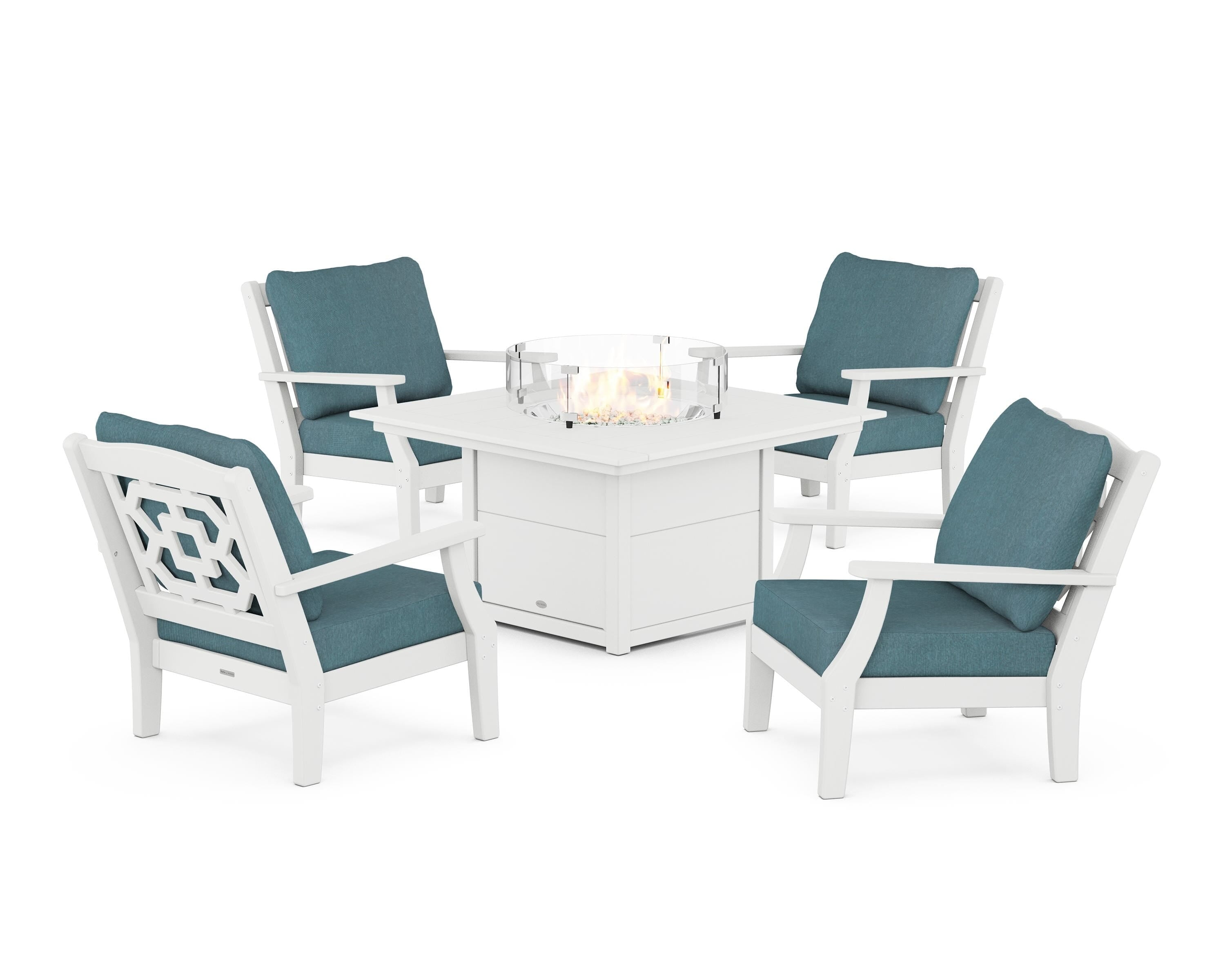 Martha Stewart by POLYWOOD Chinoiserie 5-Piece Deep Seating Set with Fire Pit Table in White / Ocean Teal