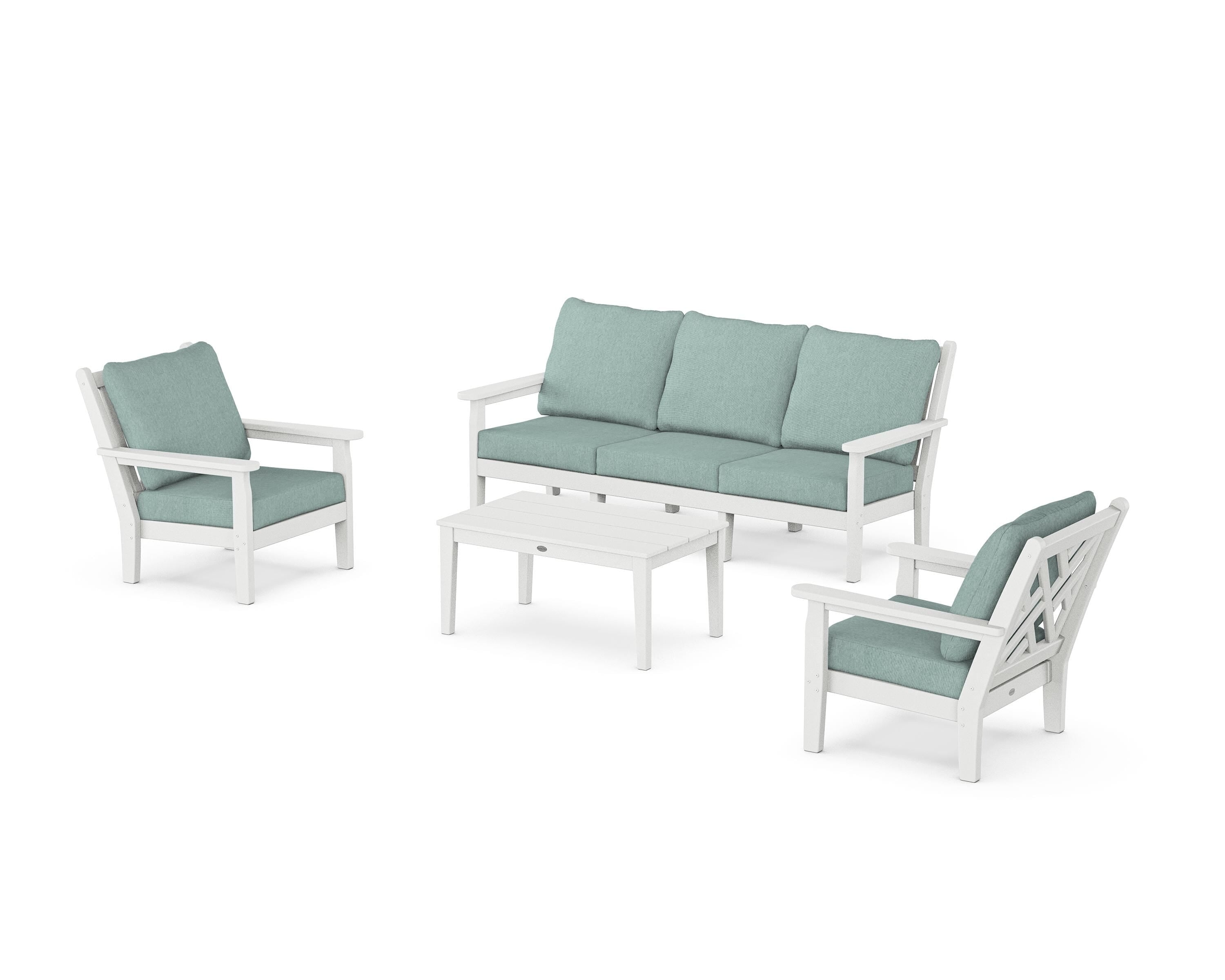POLYWOOD Chippendale 4-Piece Deep Seating Set with Sofa in White / Glacier Spa