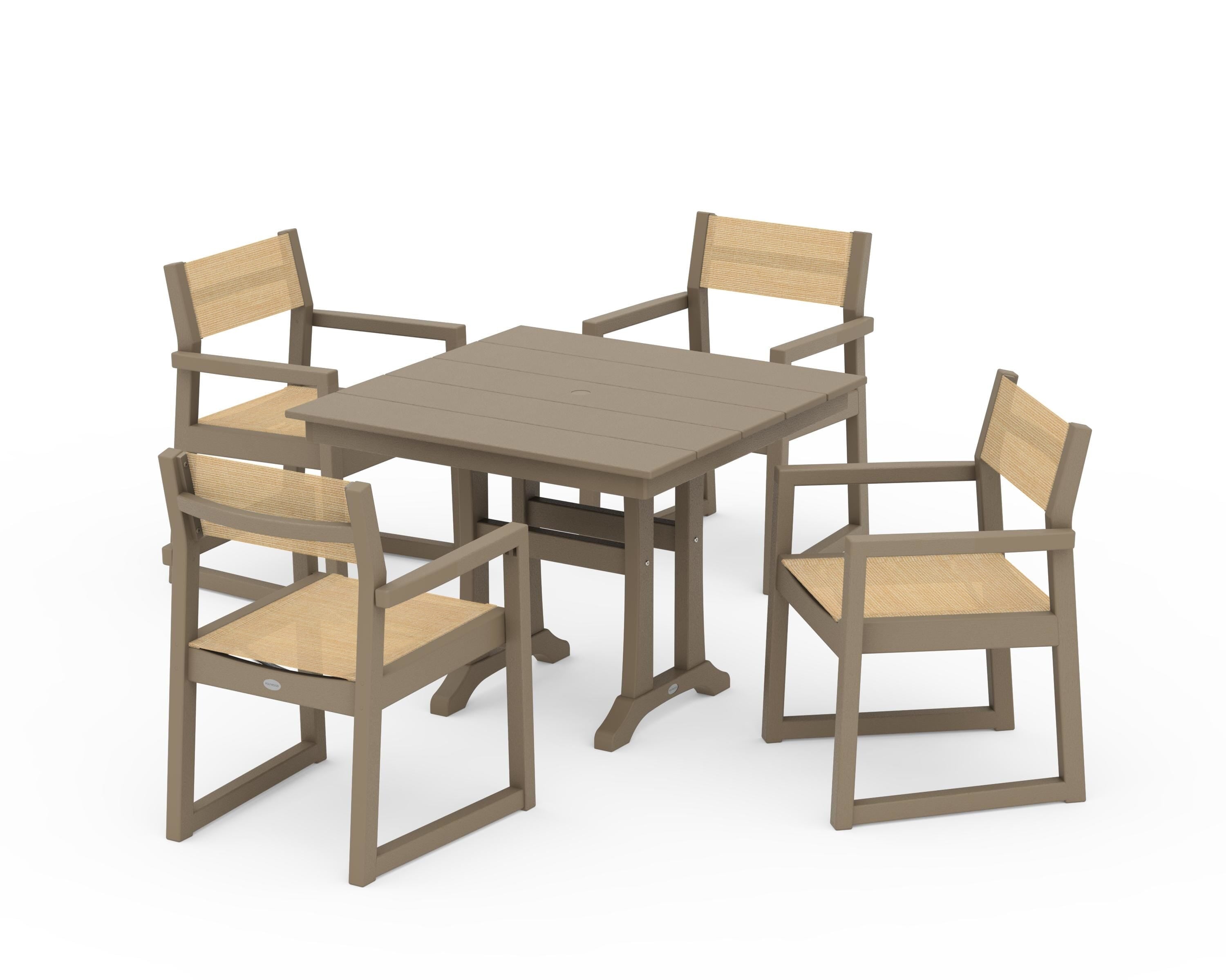 POLYWOOD EDGE Sling 5-Piece Farmhouse Dining Set with Trestle Legs in Vintage Sahara / Dupioni Apricot Sling