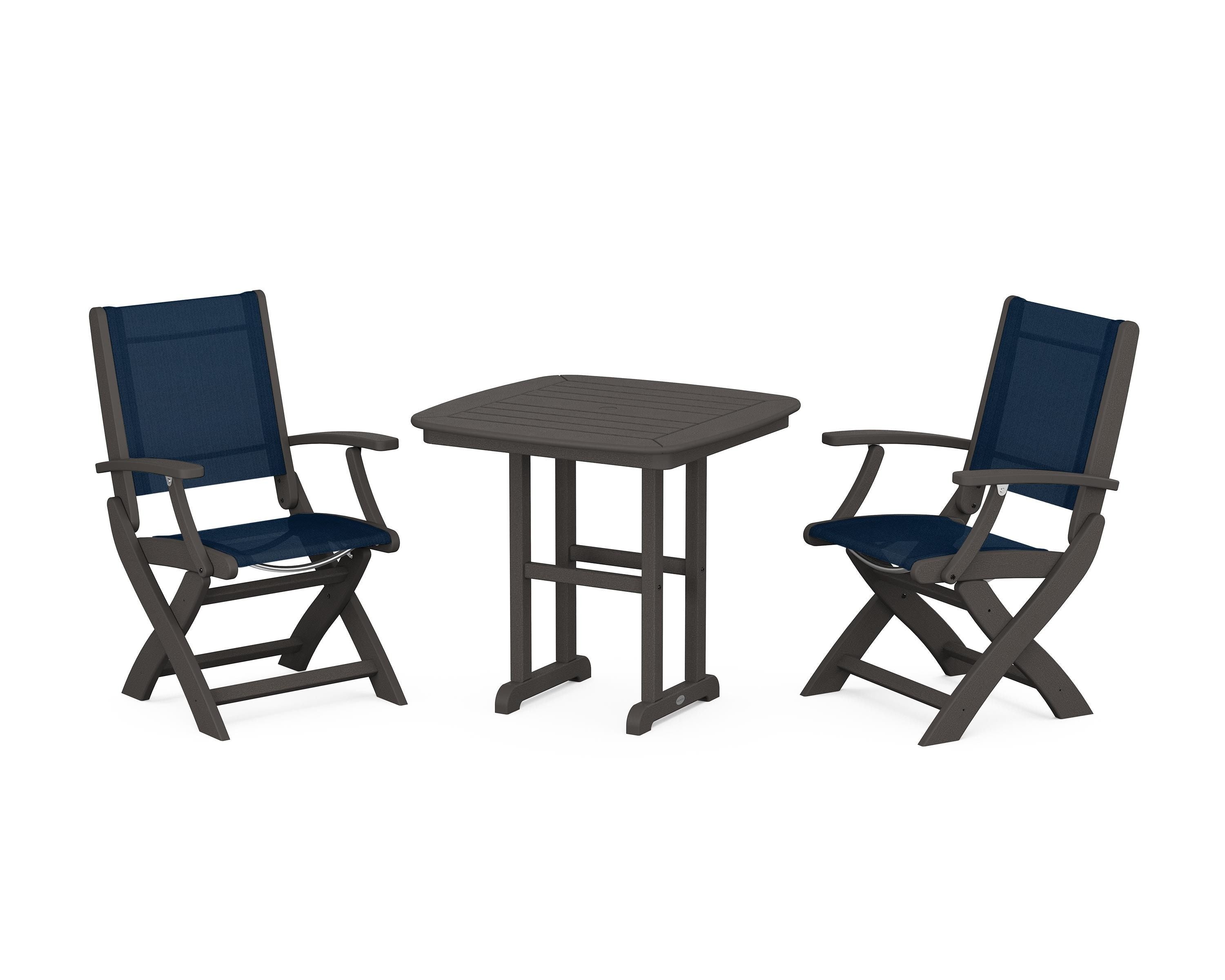 POLYWOOD Coastal Folding Chair 3-Piece Dining Set in Vintage Coffee / Navy Blue Sling