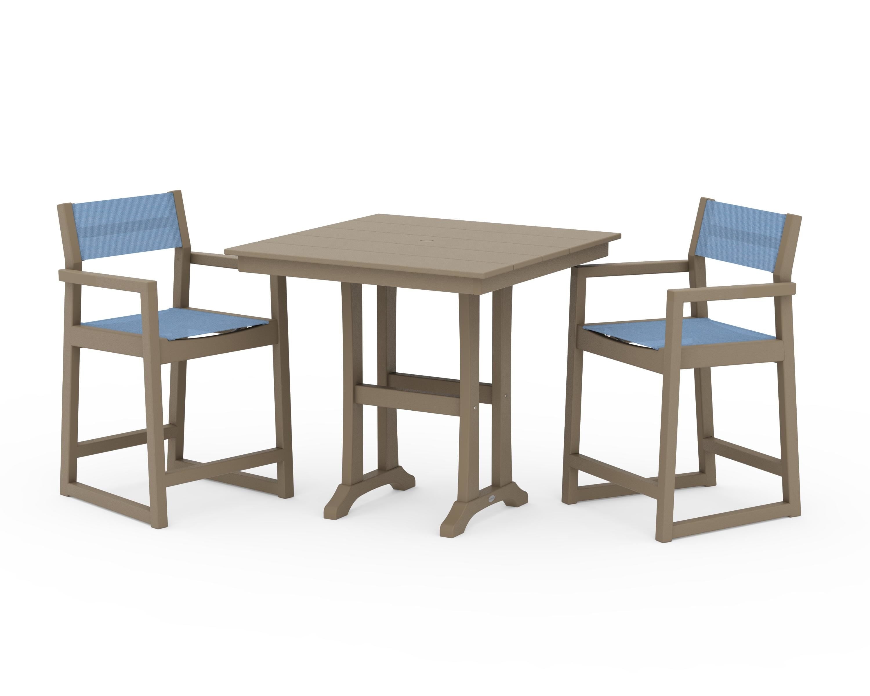POLYWOOD EDGE Sling Arm Chair 3-Piece Farmhouse Counter Set with Trestle Legs in Vintage Sahara / Poolside Sling