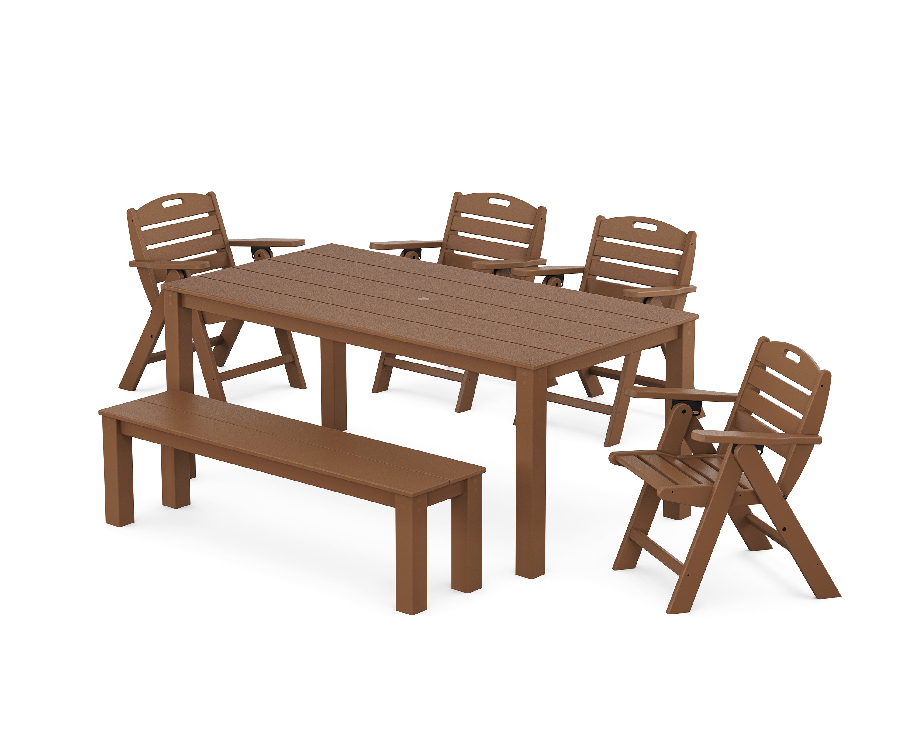 POLYWOOD Nautical Folding Lowback Chair 6-Piece Parsons Dining Set with Bench in Teak