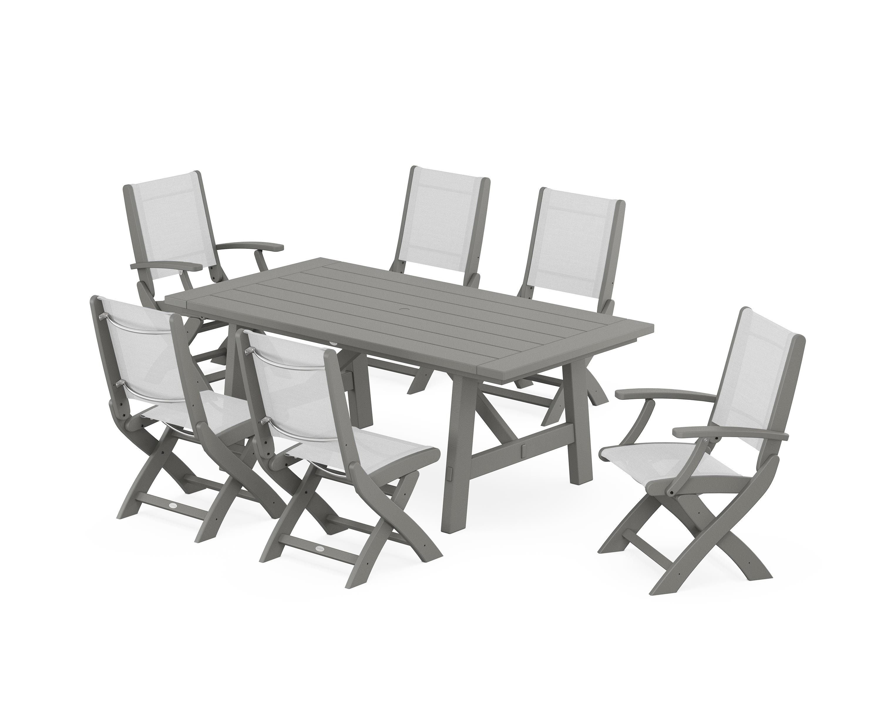 POLYWOOD Coastal Folding Chair 7-Piece Rustic Farmhouse Dining Set in Slate Grey / White Sling