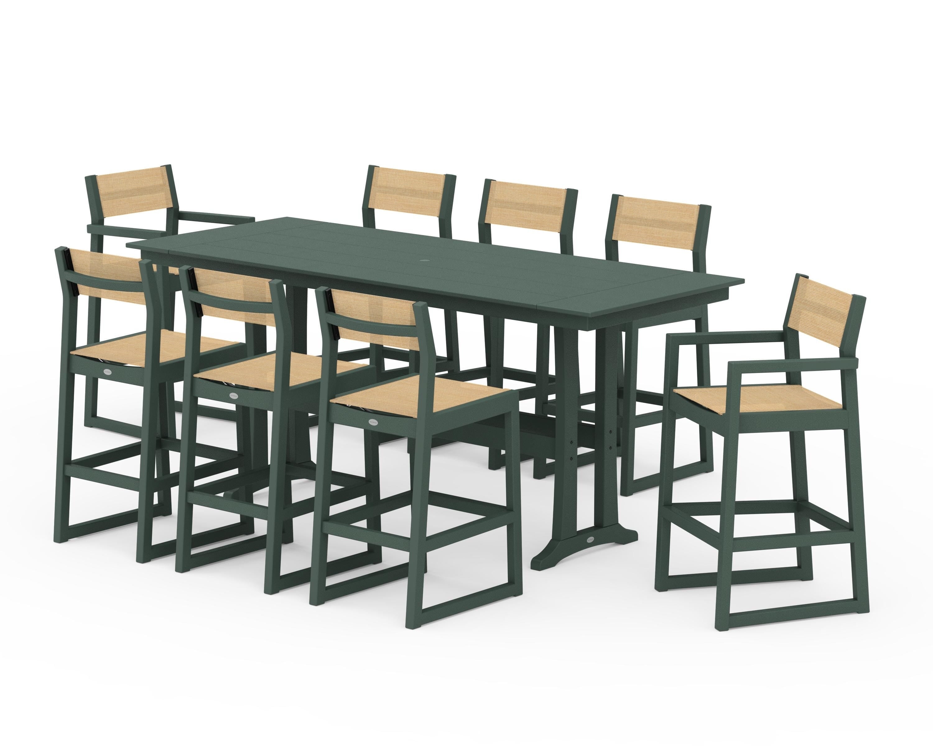 POLYWOOD EDGE Sling 9-Piece Farmhouse Bar Set with Trestle Legs in Green / Dupioni Apricot Sling