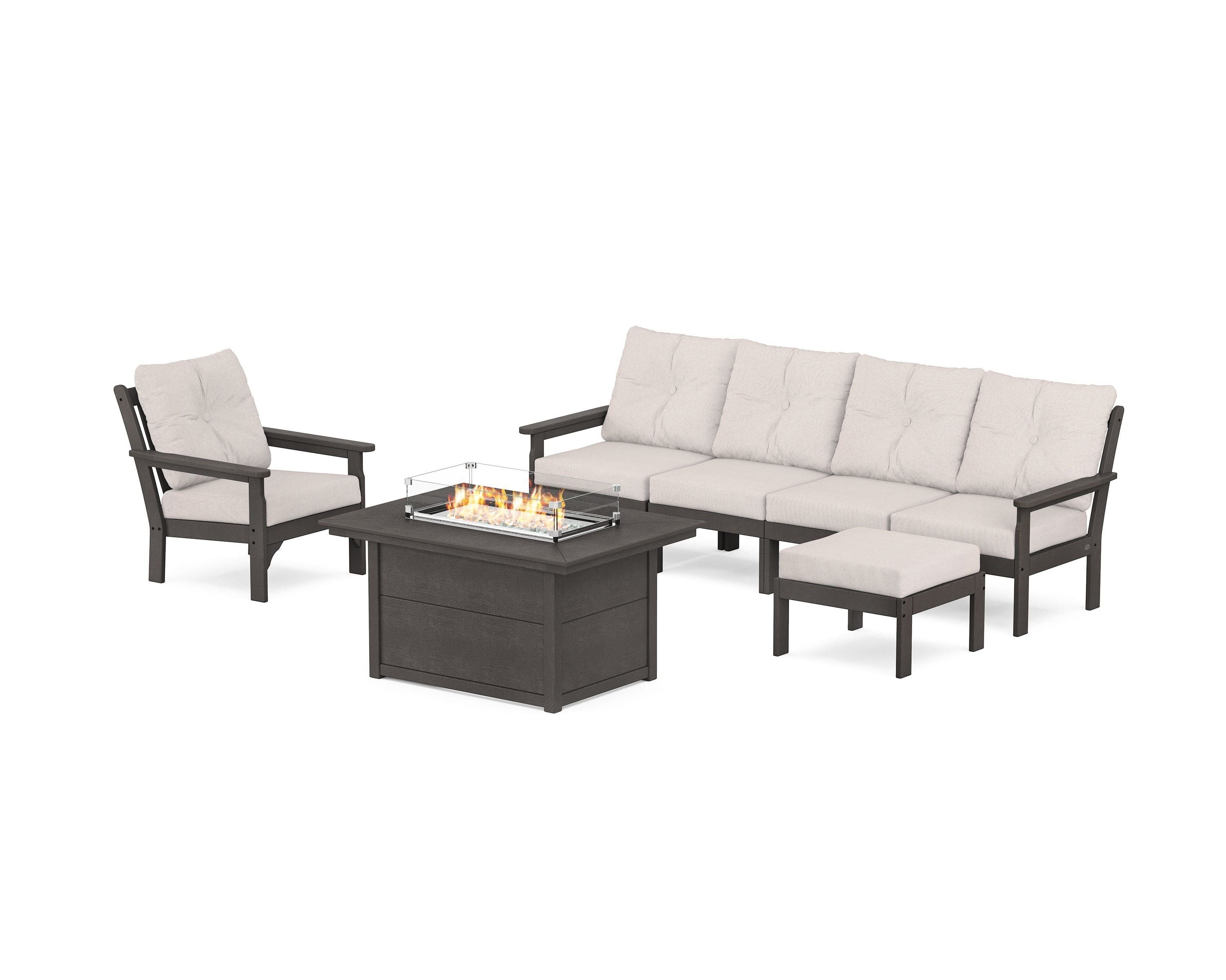POLYWOOD Vineyard Sectional Lounge and Fire Pit Set in Vintage Coffee / Dune Burlap