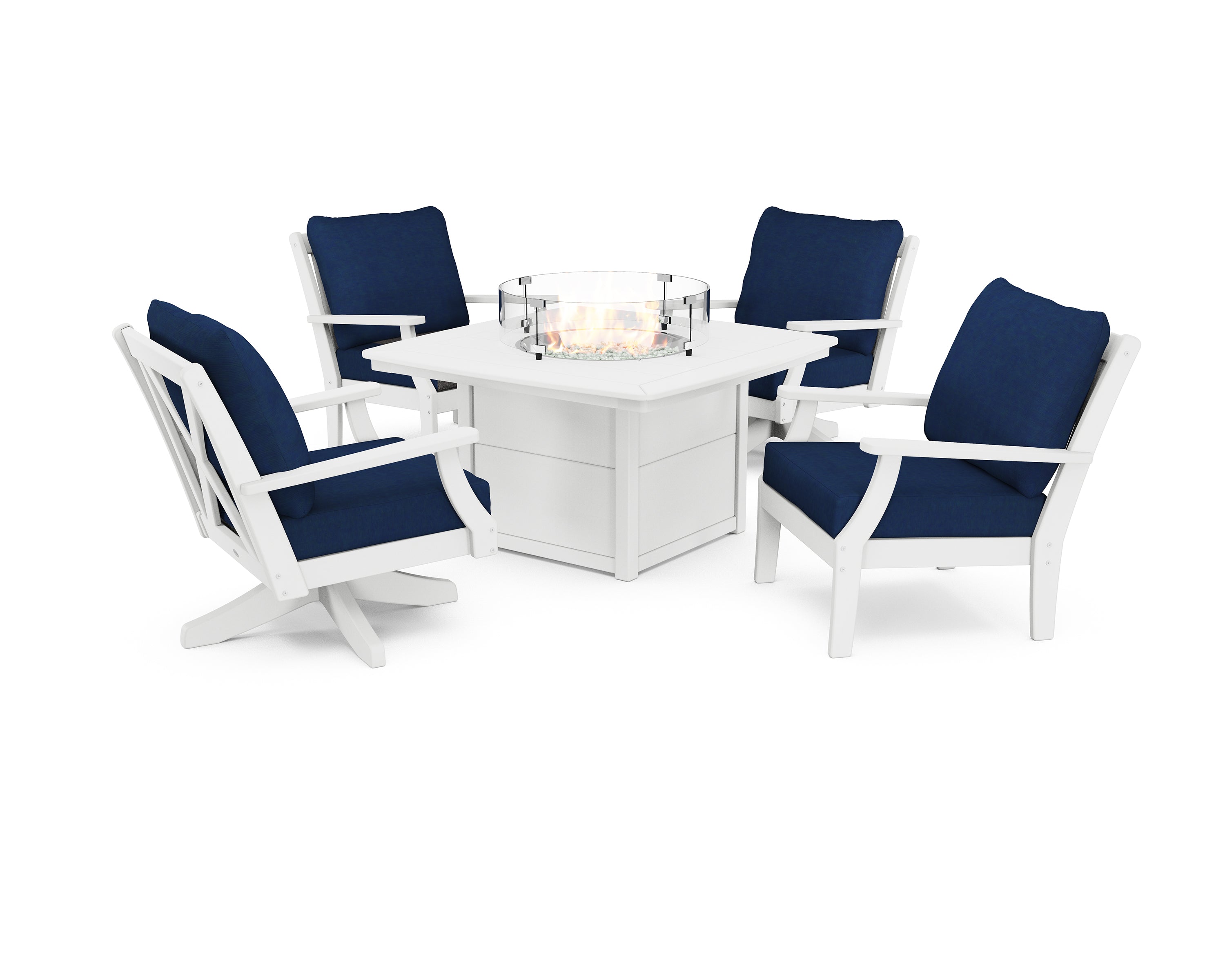 POLYWOOD Braxton 5-Piece Deep Seating Set with Fire Table in White / Navy